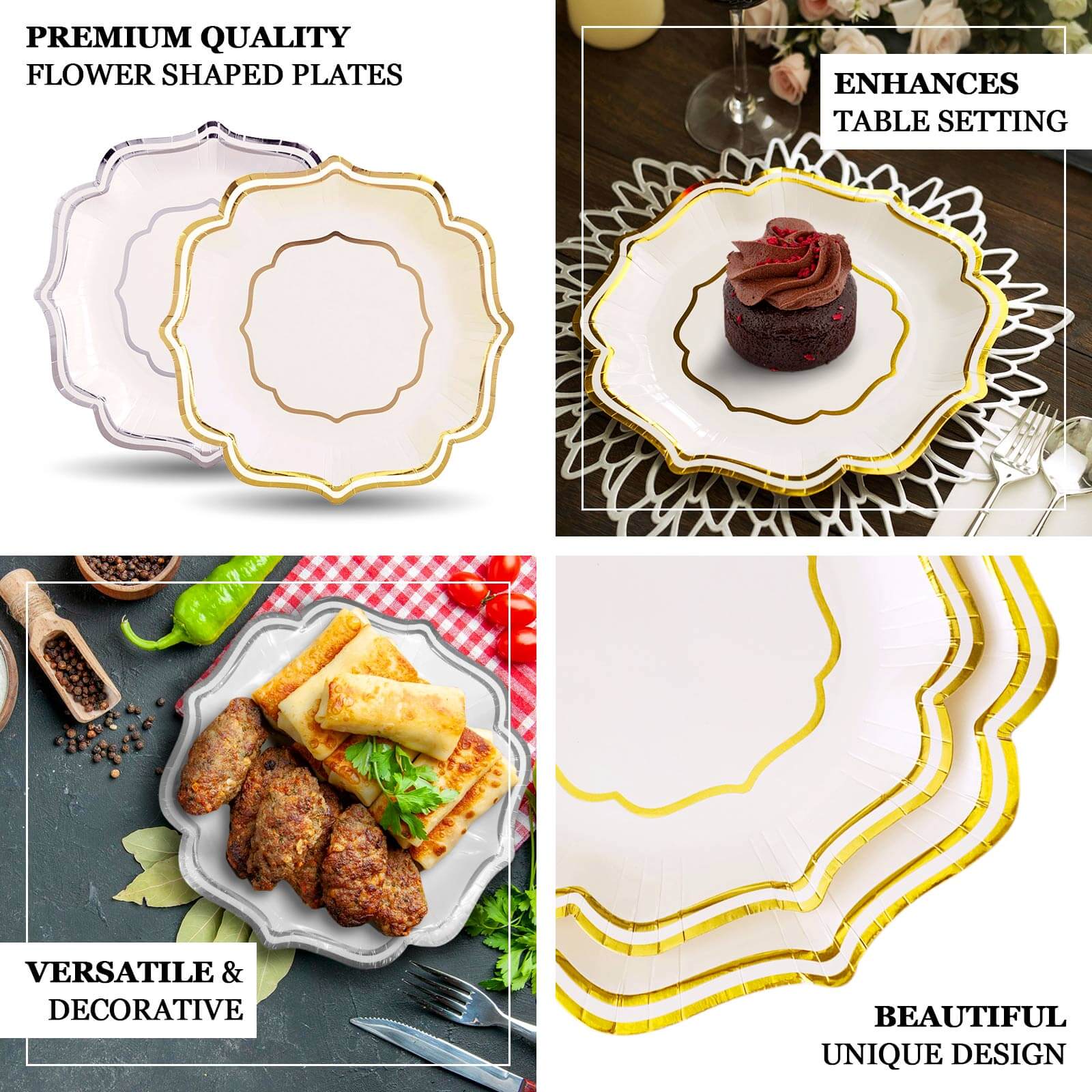25-Pack Paper Dessert Plates in White with Silver Scallop Rim - Disposable 300GSM Appetizer Salad Plates 8"