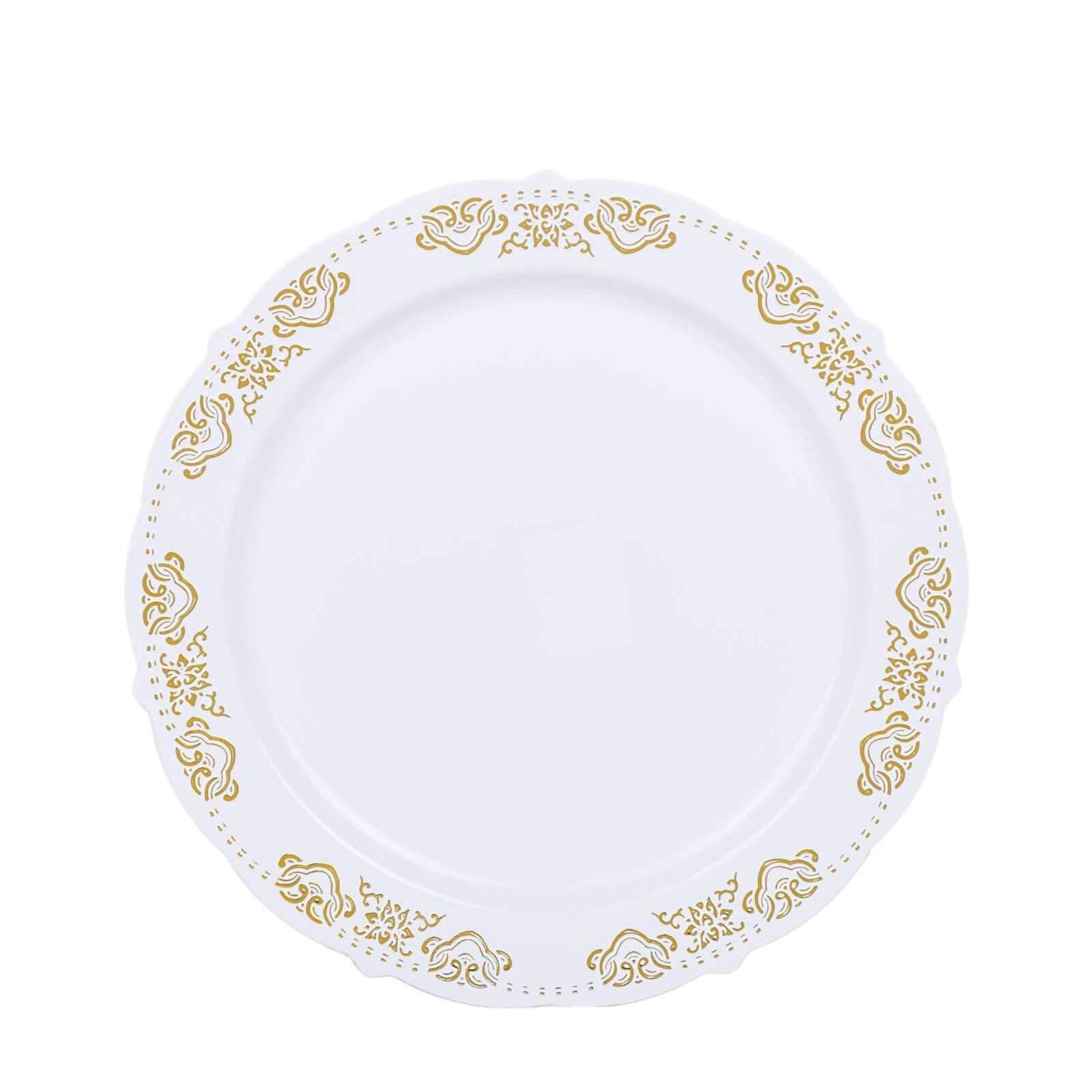 10-Pack Plastic 10" Round Dinner Plates in White with Gold Embossed Scalloped Edge - Chic Disposable Party Plates for Special Occasions & Banquets