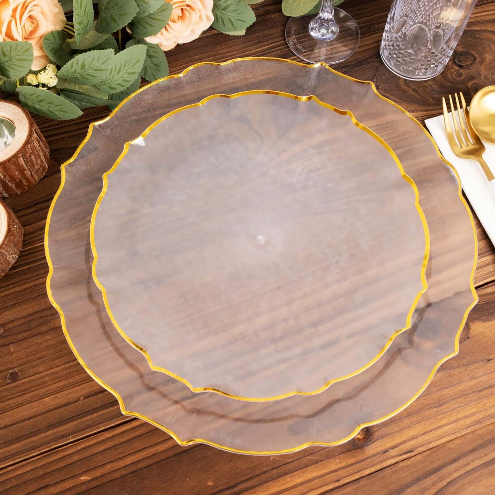 10-Pack Plastic 10" Round Dinner Plates in Clear Sunflower with Gold Scalloped Rim - Disposable Party Plates for Classy Events & Banquets