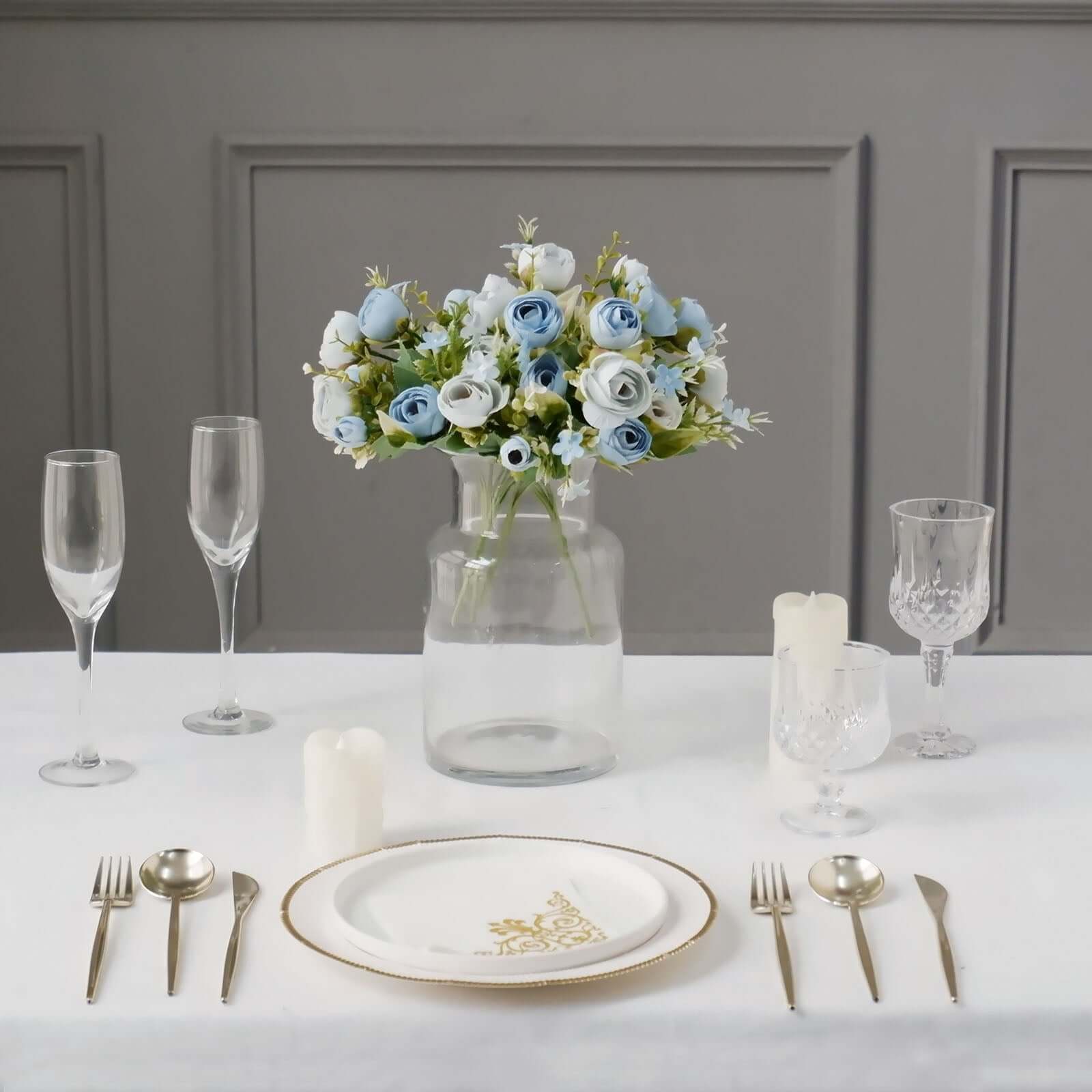 4 Pack 12" Artificial Dusty Blue Ranunculus Silk Flower Bridal Bouquets, Faux Buttercup Floral Arrangement