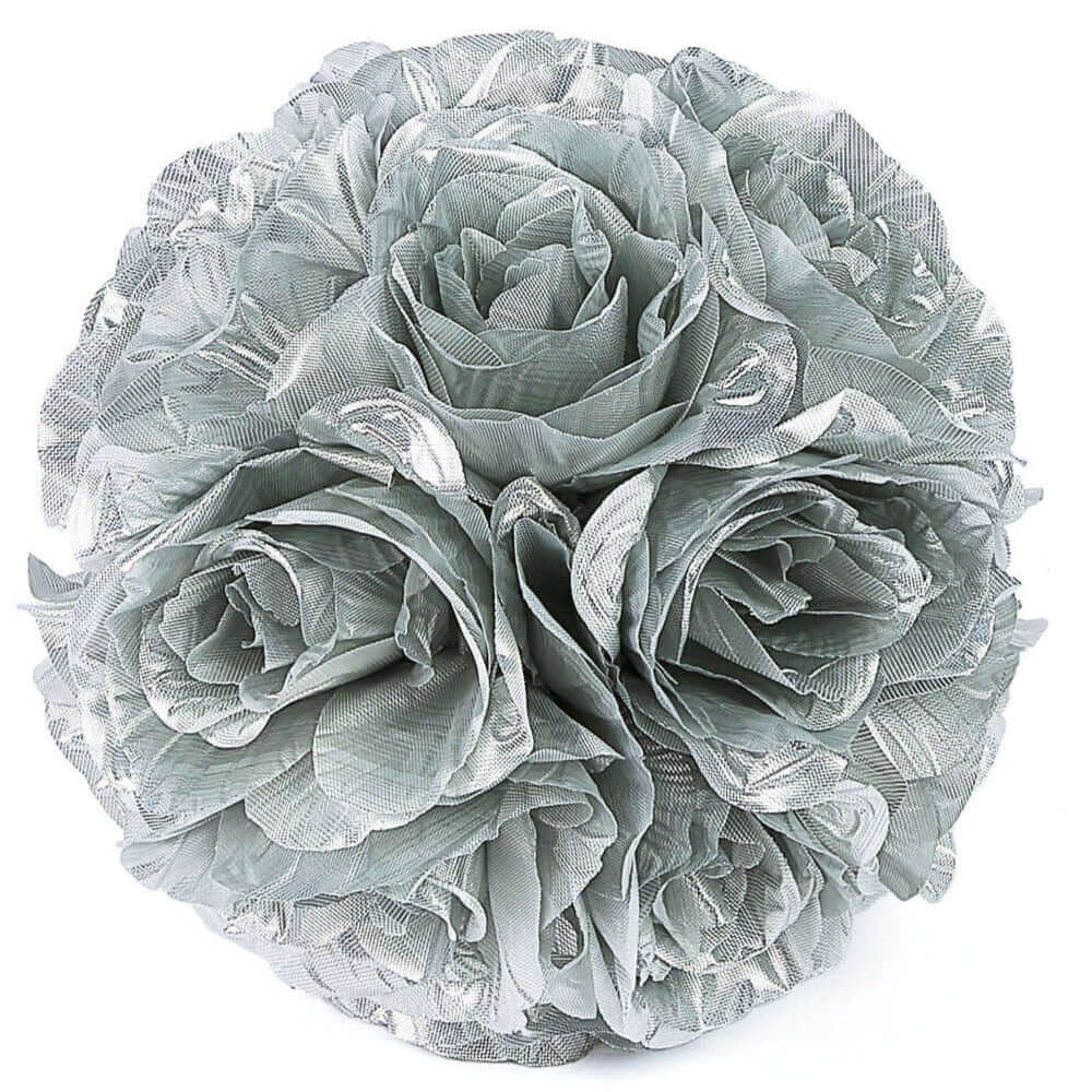 2 Pack 7" Silver Artificial Silk Rose Kissing Ball, Faux Flower Ball