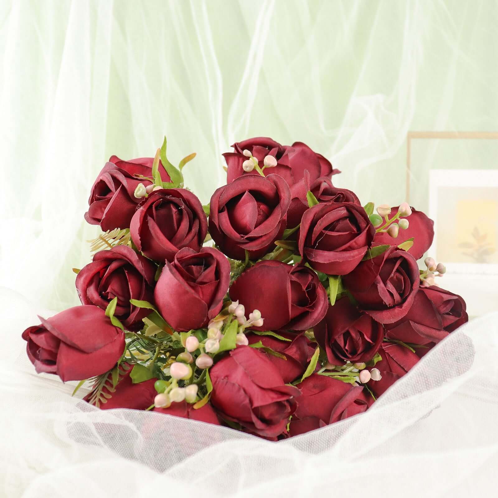 3 Pack 13" Burgundy Real Touch Silk Rose Bud Flower Bridal Bouquets, Artificial Floral Bush Arrangements