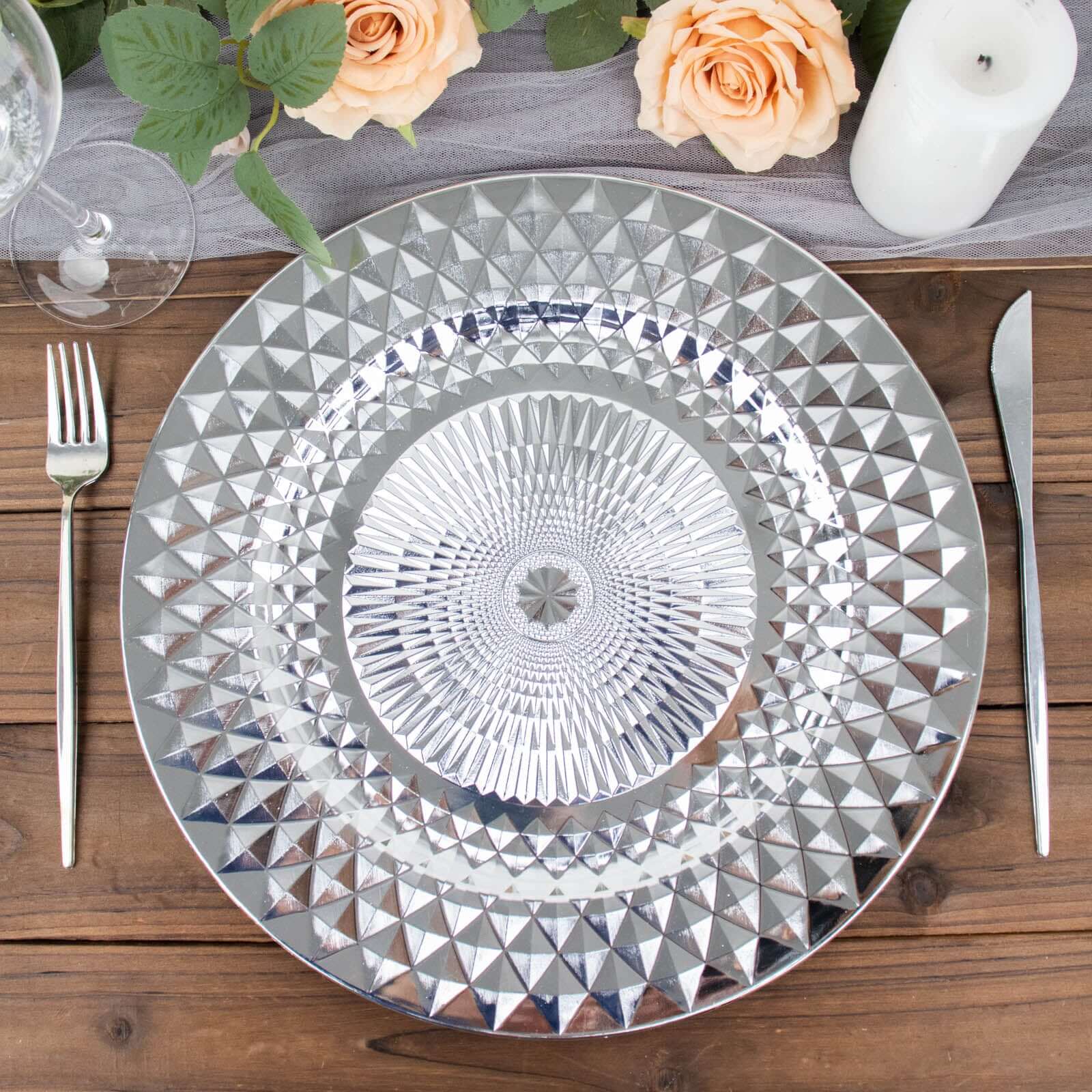 6-Pack Plastic Round Charger Plates 13" in Silver with Diamond Pattern, Sparkling Disposable Dinner Charger Tableware