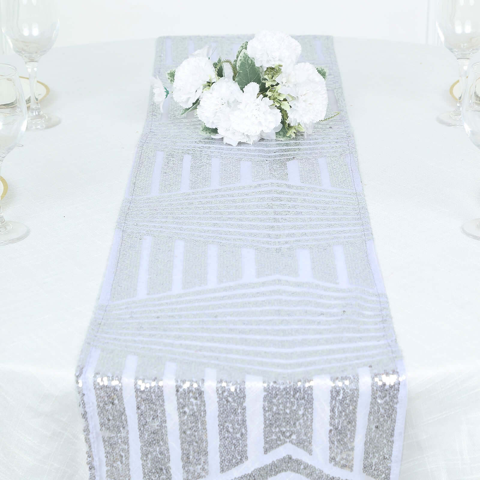 Sequin 12"x108" Table Runner Silver - Diamond Glitz Design