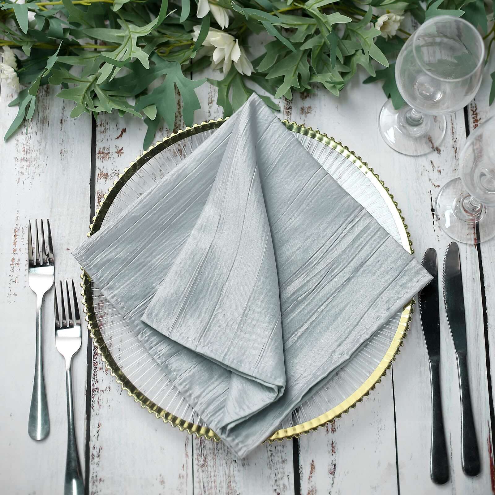 5 Pack Taffeta 20"x20" Napkins Silver - Accordion Crinkle Dinner Napkins