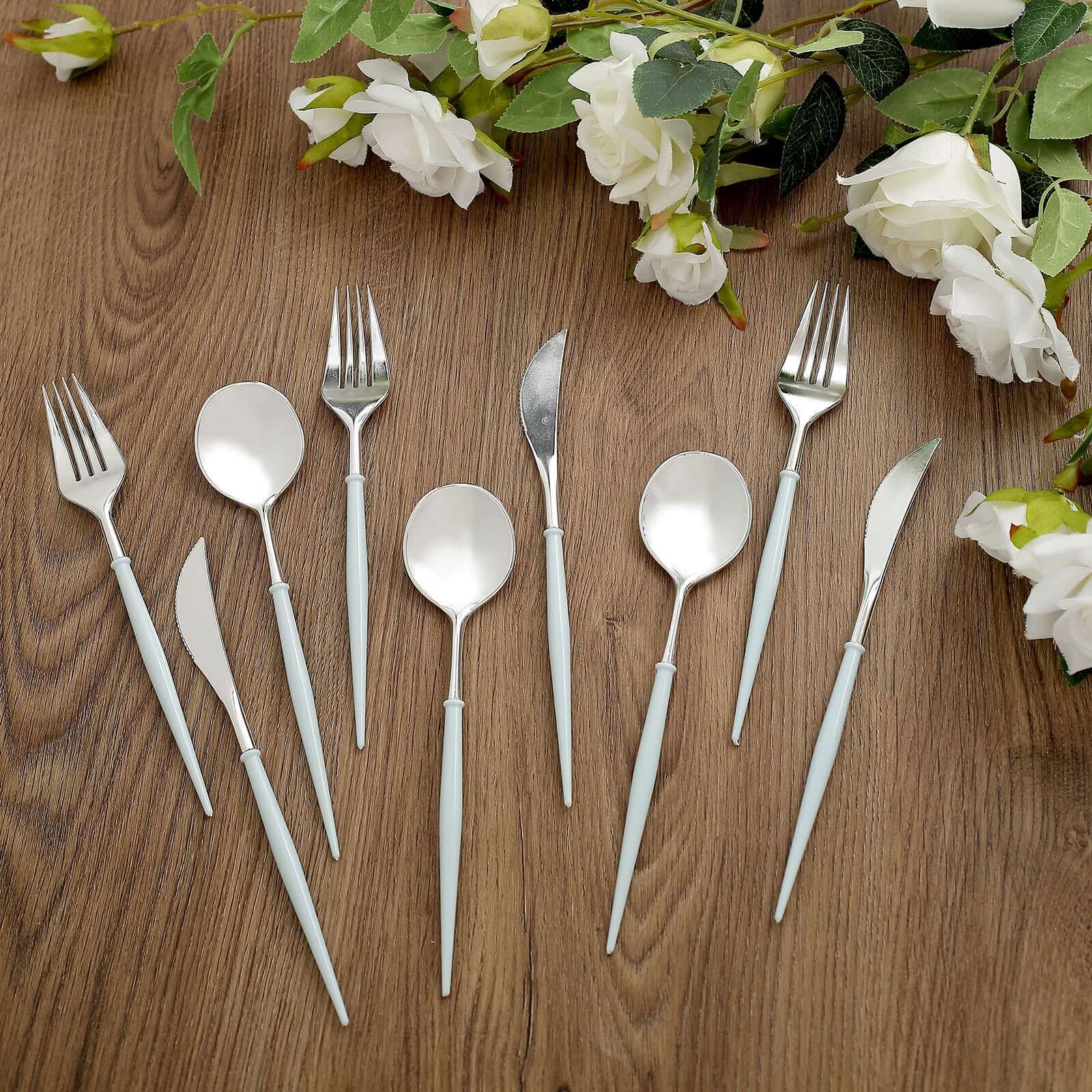 24-Pack Plastic Flatware Set in Silver with Light Blue Handle - Heavy Duty Disposable Modern Silverware 8"