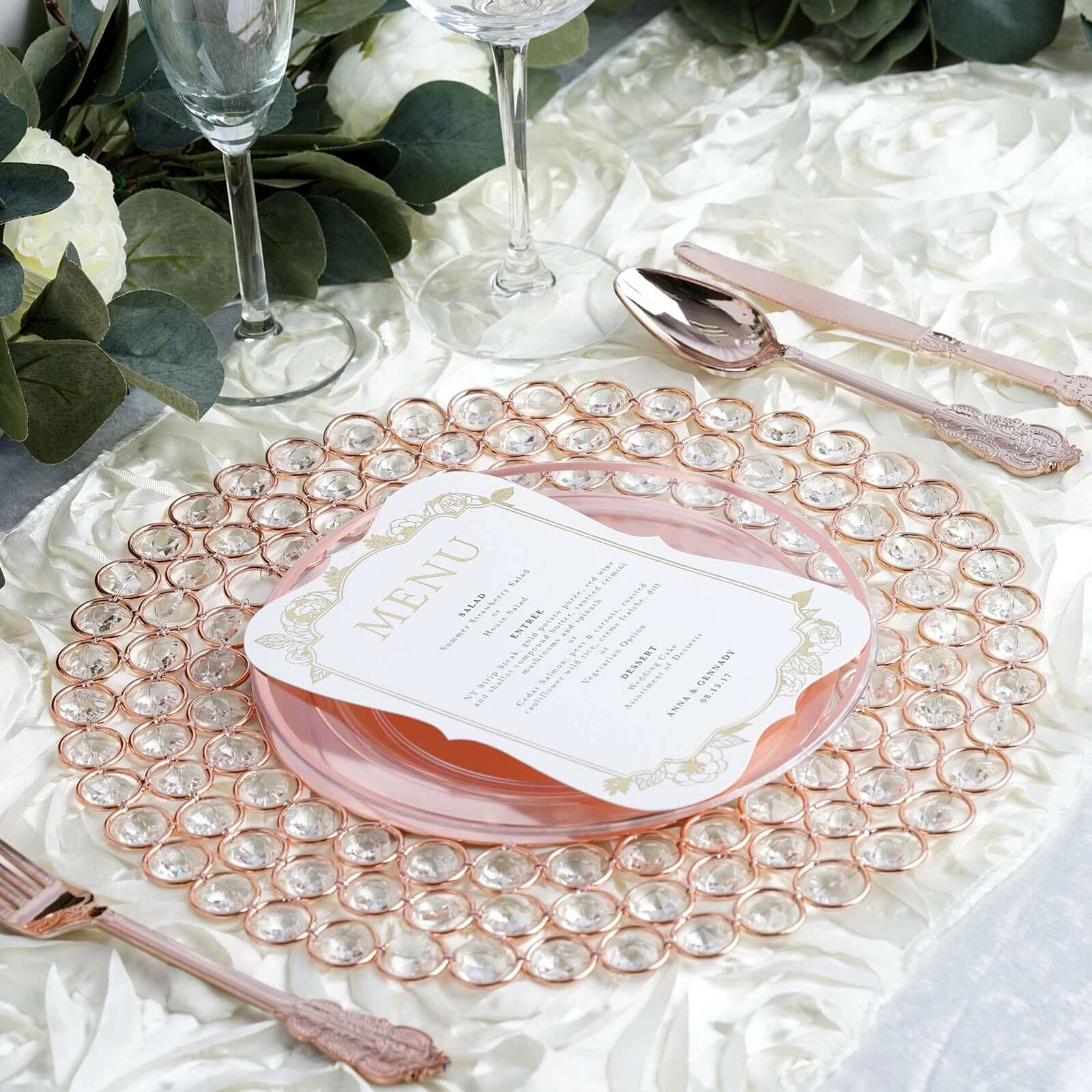 Wired Metal Round Charger Plate 14" in Rose Gold with Acrylic Crystal Beads, Glamorous Decorative Dinner Charger Tableware