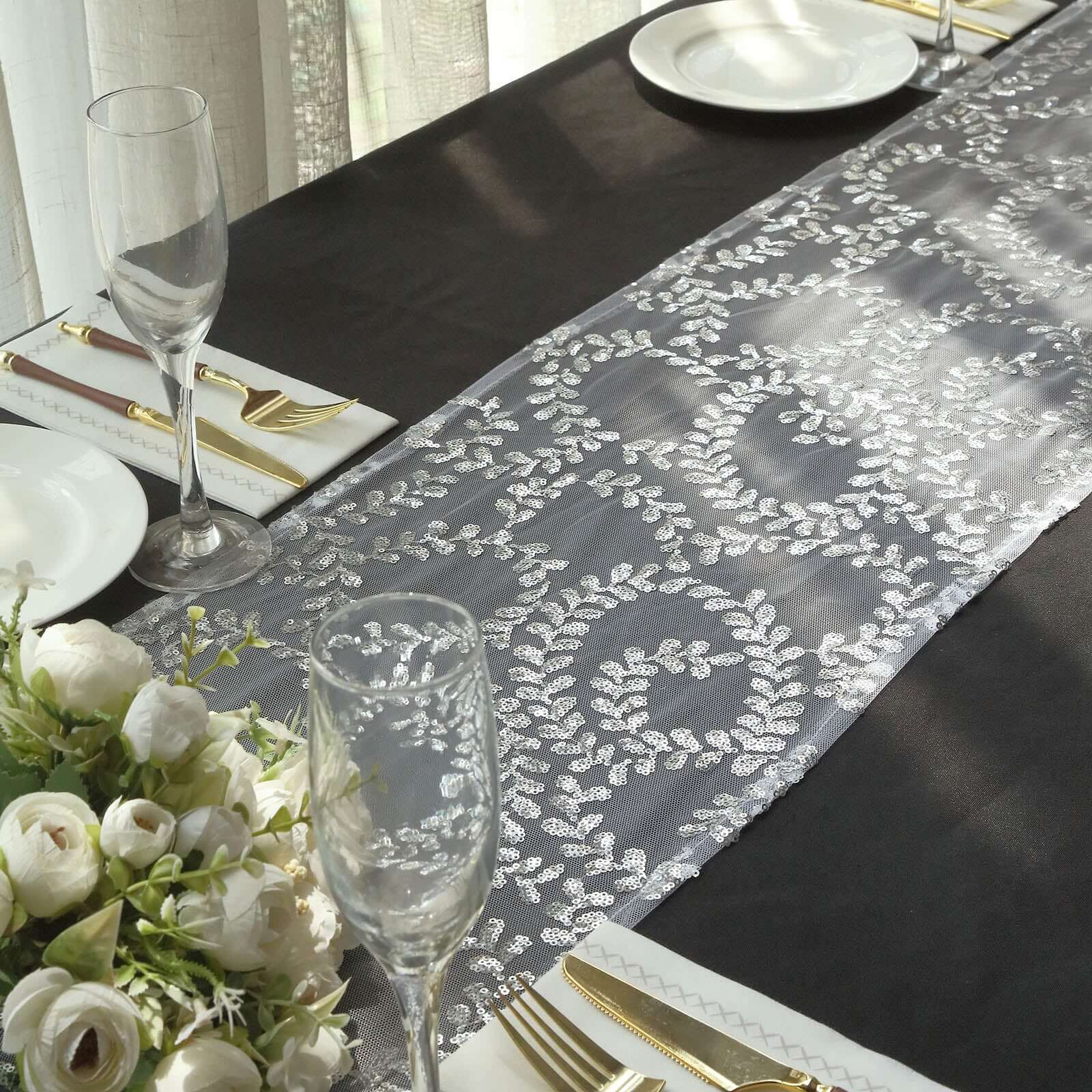 Mesh 12"x108" Table Runner Silver - Leaf Vine Embroidery