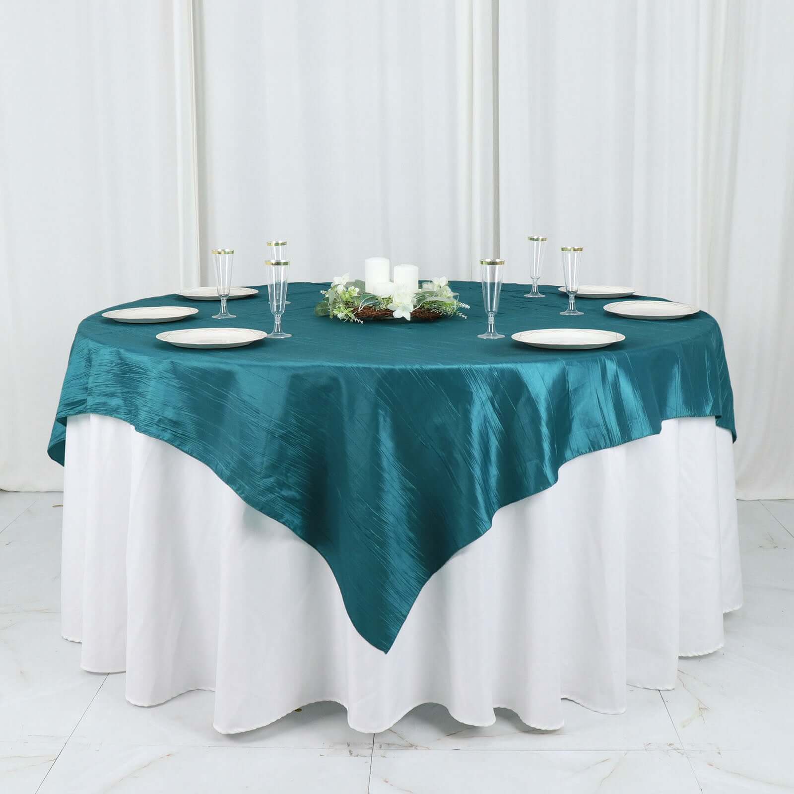 Taffeta 72"x72" Table Overlay Square Tablecloth Peacock Teal - Accordion Crinkle Table Cover