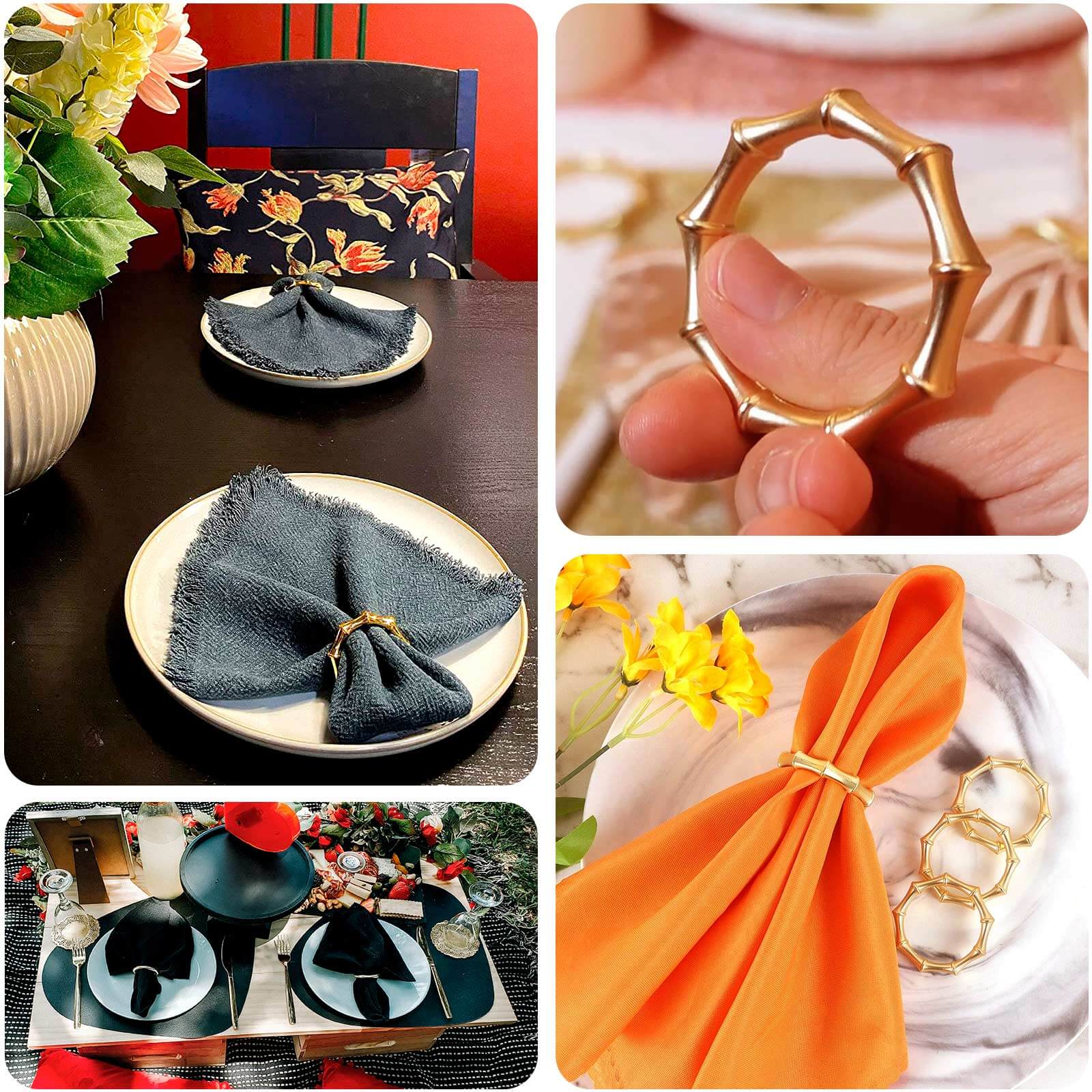 4 Pack Gold Metal Napkin Rings Bamboo Knuckle Style, Modern Serviette Holders - 2"
