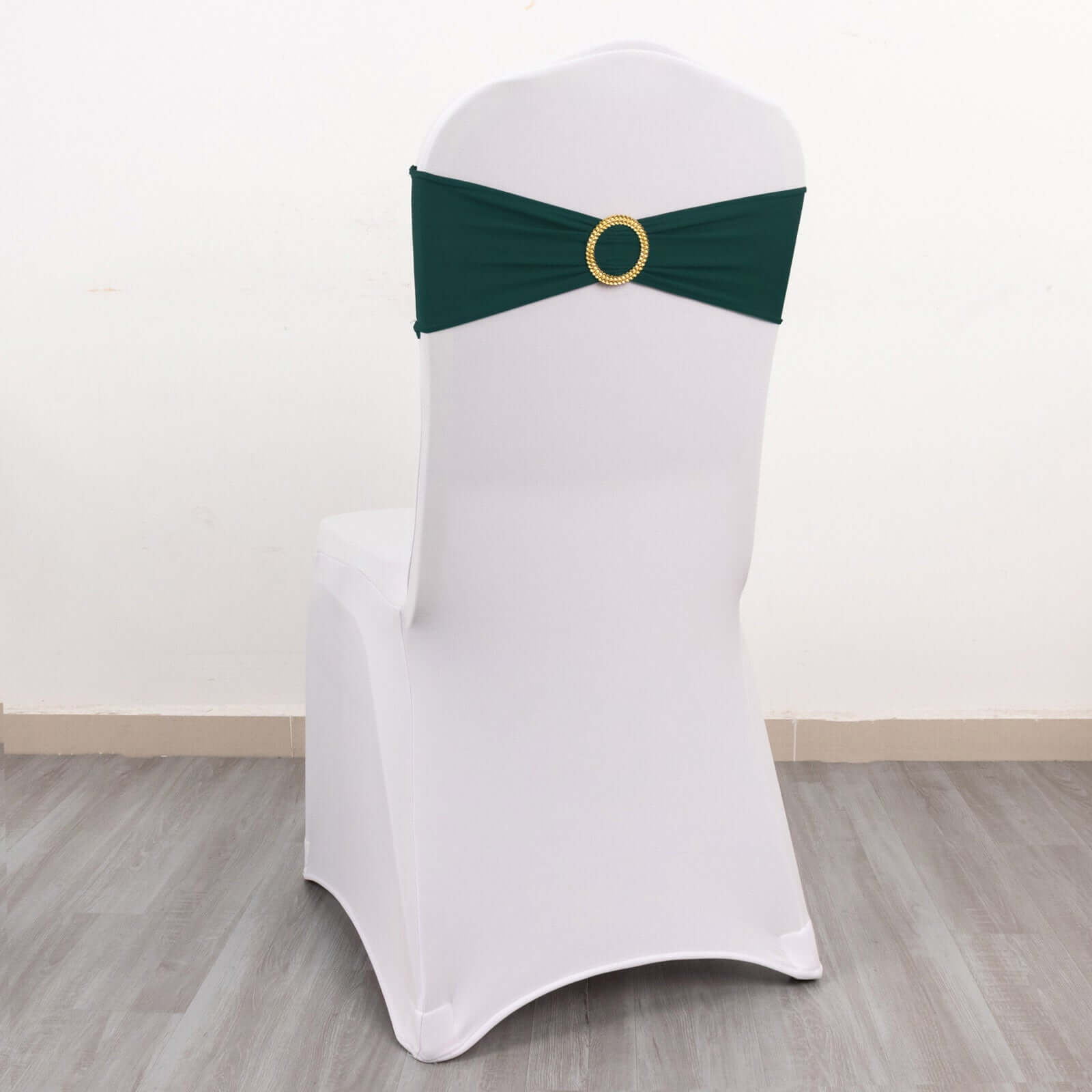 5 Pack Spandex Chair Sashes Hunter Emerald Green with Gold Rhinestone Buckles - Reusable Four-Way Stretch Sash Bands 5"x14"