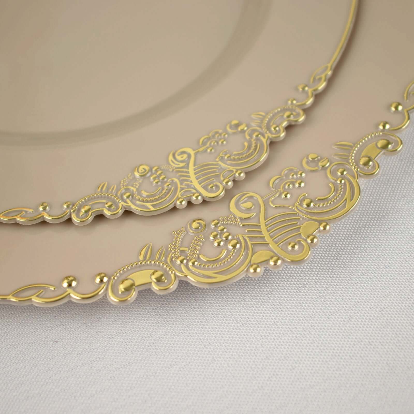10-Pack Plastic 10" Round Dinner Plates in Taupe with Gold Leaf Embossed Rim - Disposable Vintage Baroque Style Plates