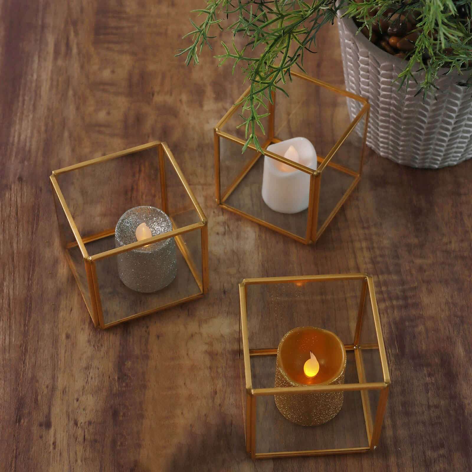 3-Pack Glass Tealight Votive Candle Holders Square Cube Design Clear with Gold Metal Frame - Stackable 3"