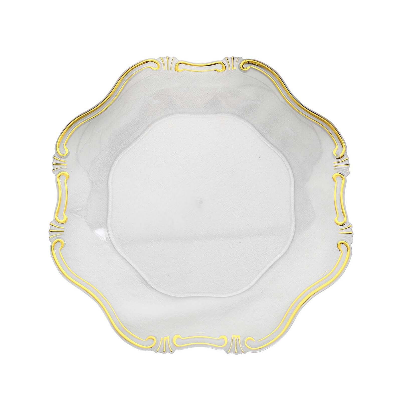 6-Pack Acrylic Plastic Hexagon Charger Plates 13" in Clear with Gold Baroque Scalloped Rim, Exquisite Dinner Serving Plates