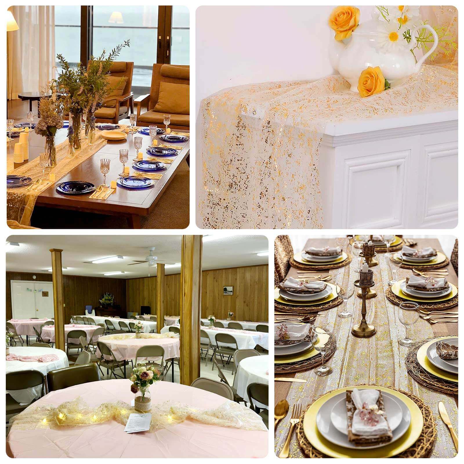 Sheer Chiffon 10ft Table Runner Metallic Gold Glittered Design - Sparkling Table Decor