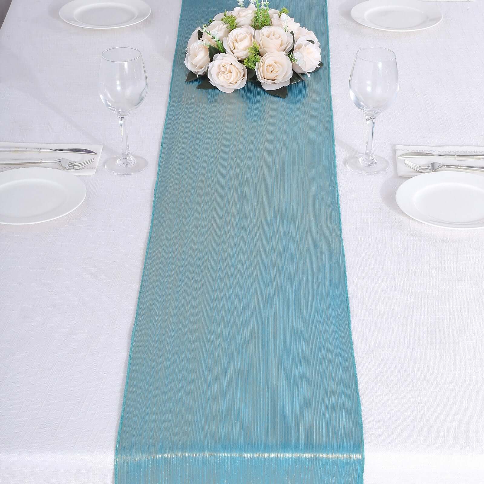 Polyester 12"x108" Table Runner Turquoise Shimmer Sequin Dots - Wrinkle-Free Finish Table Linen