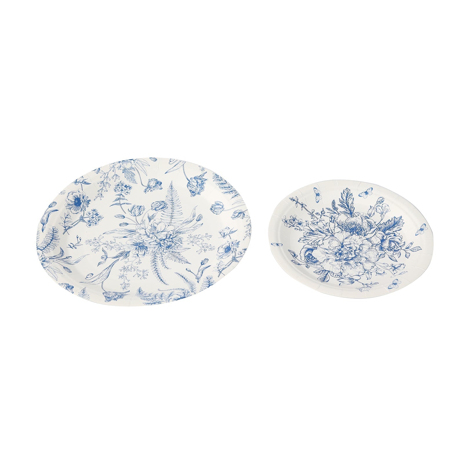 50-Pack Paper Round Dessert and Dinner Plates in White with Blue French Toile Pattern 7", 9"