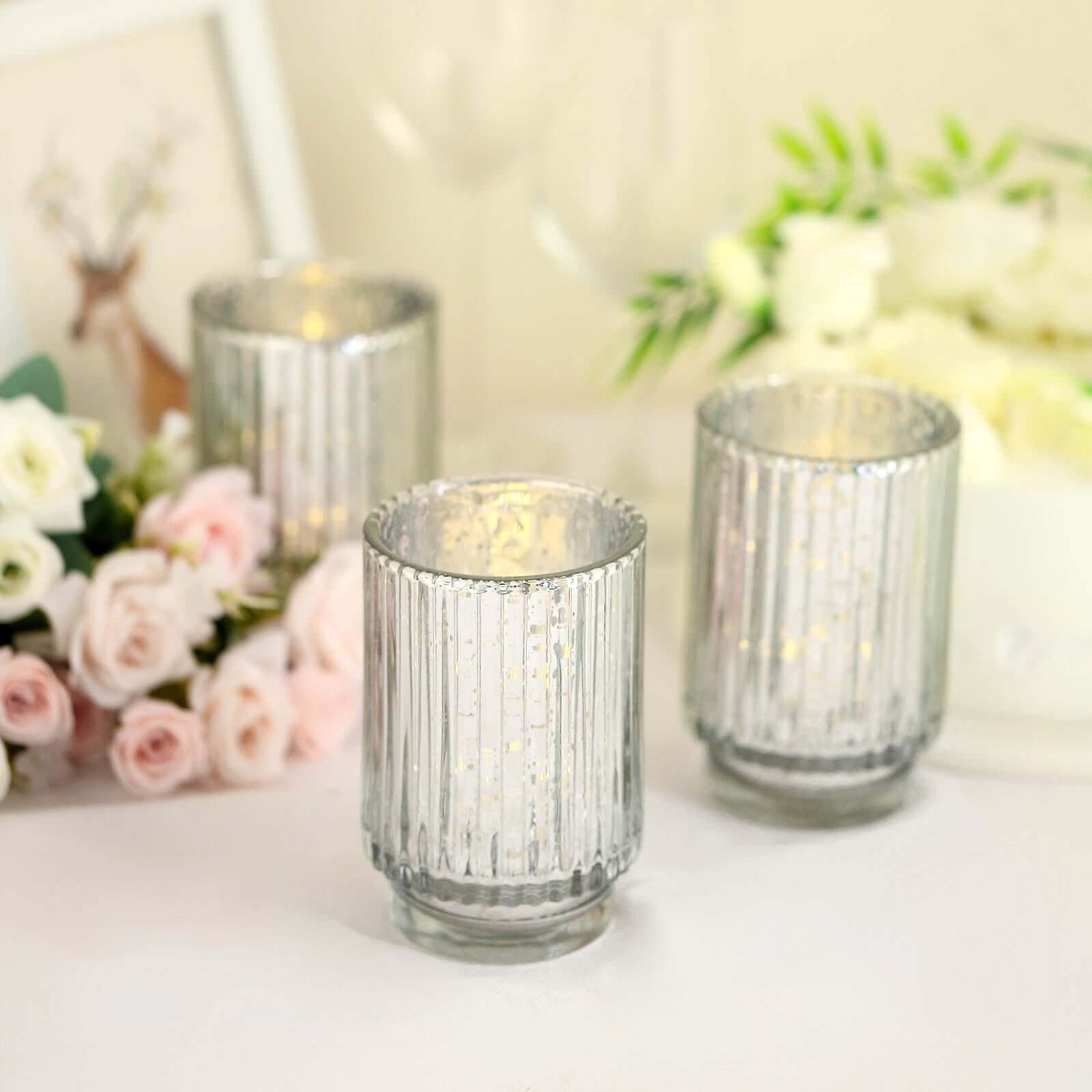3-Pack Mercury Glass Hurricane Candle Holders Silver Wavy Column Design - Votive Pillar Vase 5"