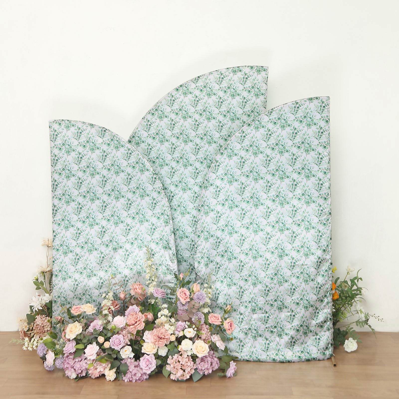 Set of 3 White Green Satin Chiara Wedding Arch Covers With Eucalyptus Leaves Print, Fitted Covers For Half Moon Backdrop Stands - 5ft, 6ft, 7ft