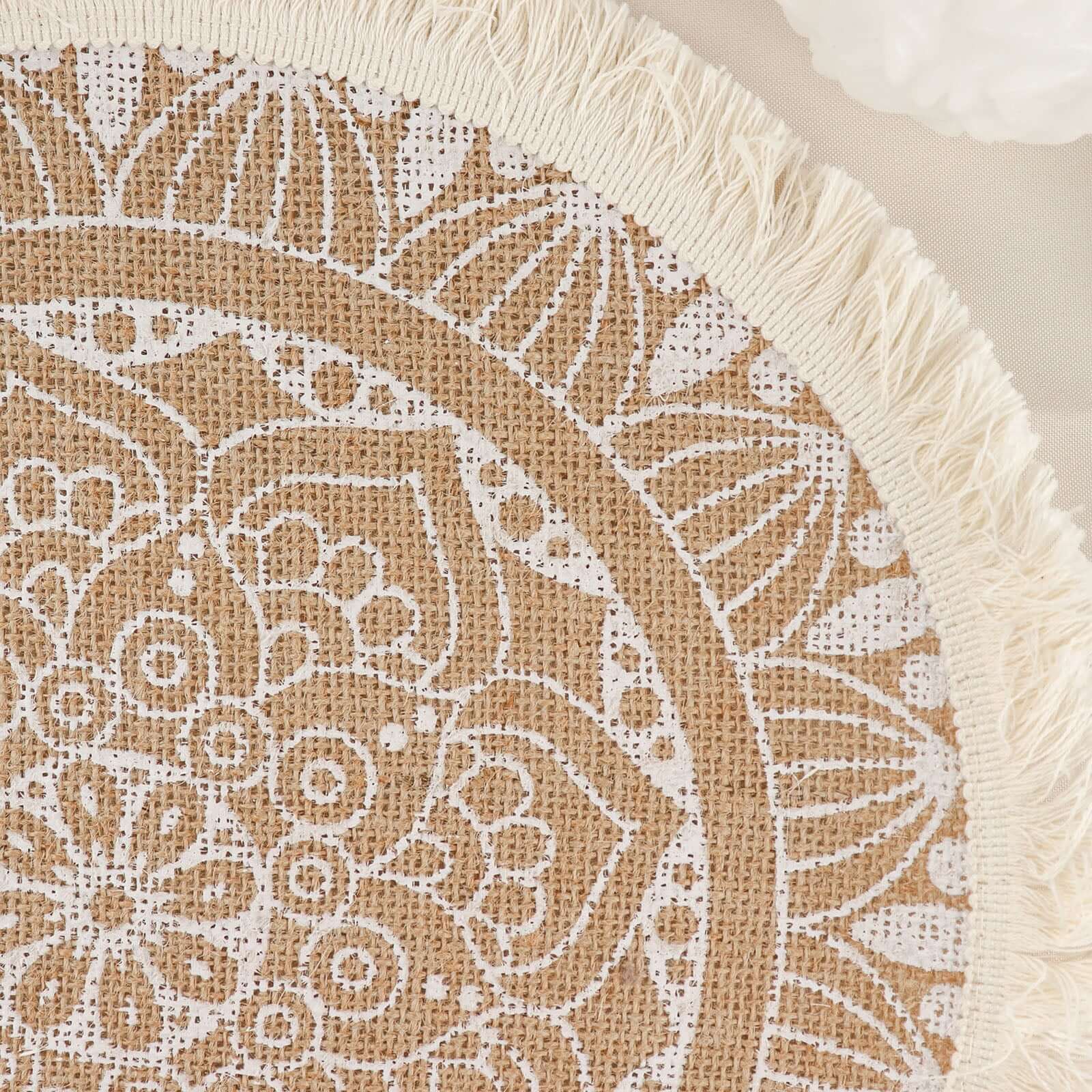 4-Pack Placemats Mandala Print Fringe Design Natural Jute and White Round - Rustic Burlap Tassel Style 15"