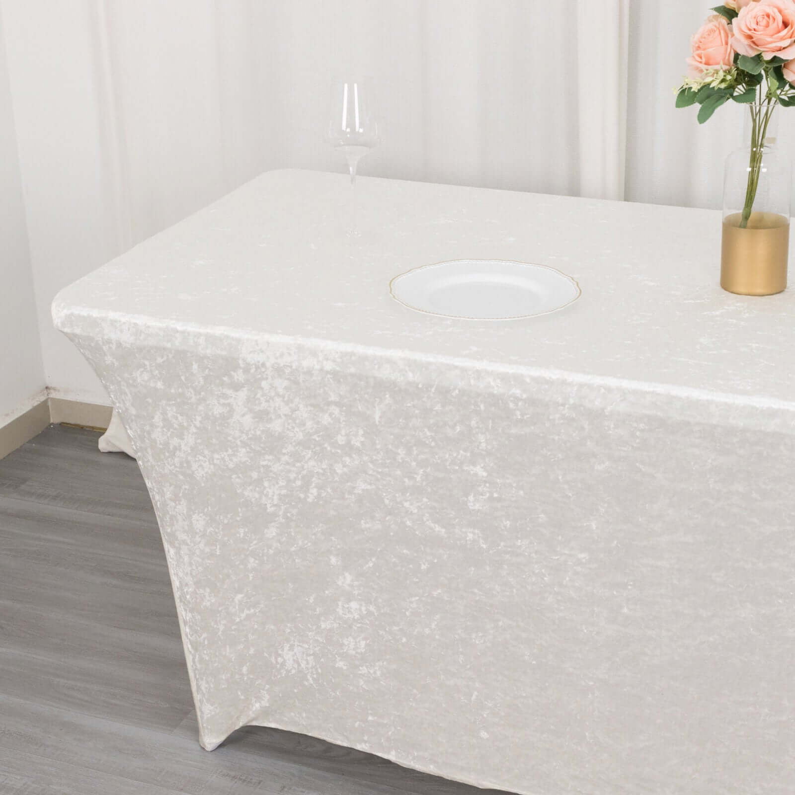 Crushed Velvet Fitted Rectangular 6ft Table Cover White - Wrinkle-Free Stretchy Tablecloth for Weddings and Banquets