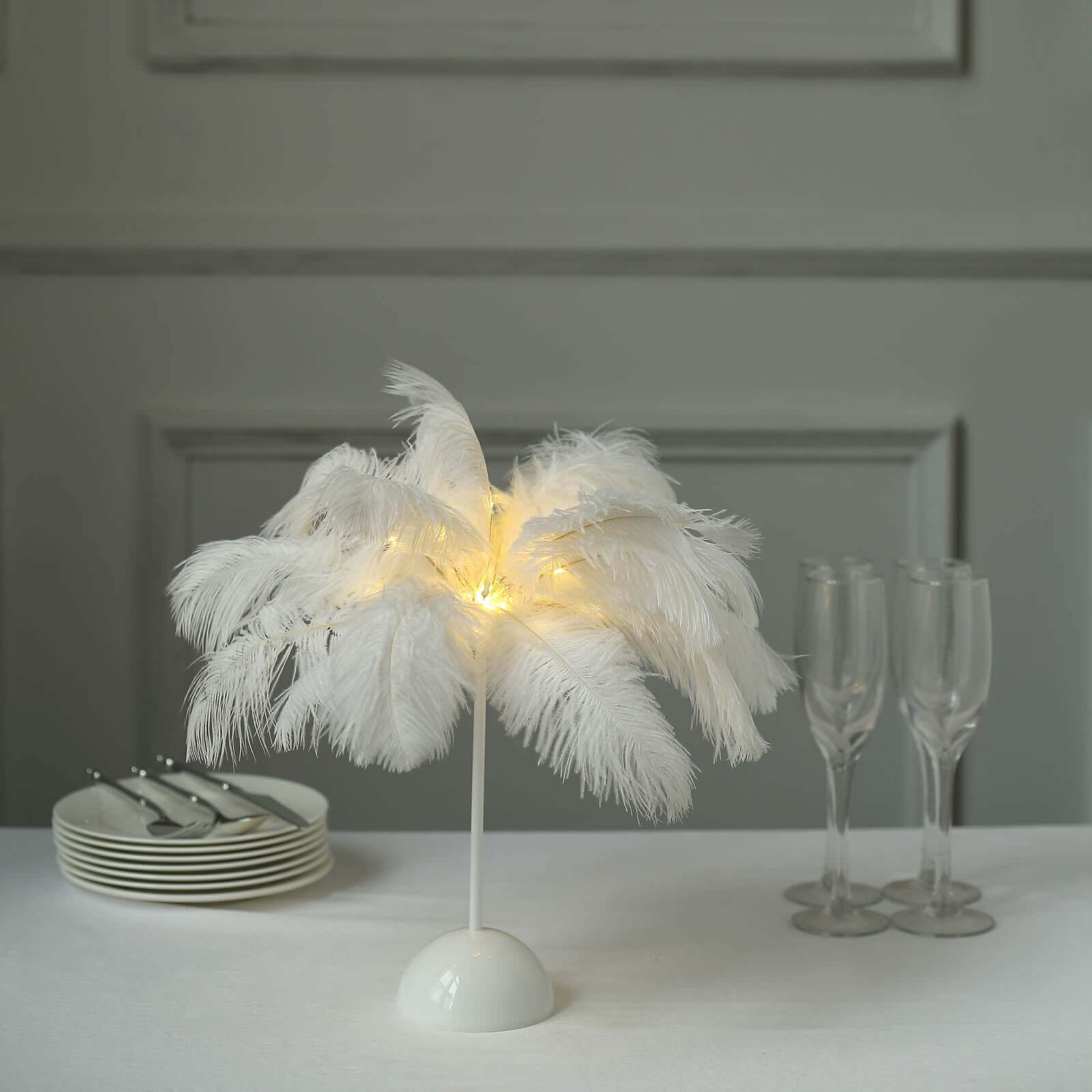 Table Lamp Ostrich Feather Design White LED Battery Operated - Cordless Wedding Centerpiece 15"