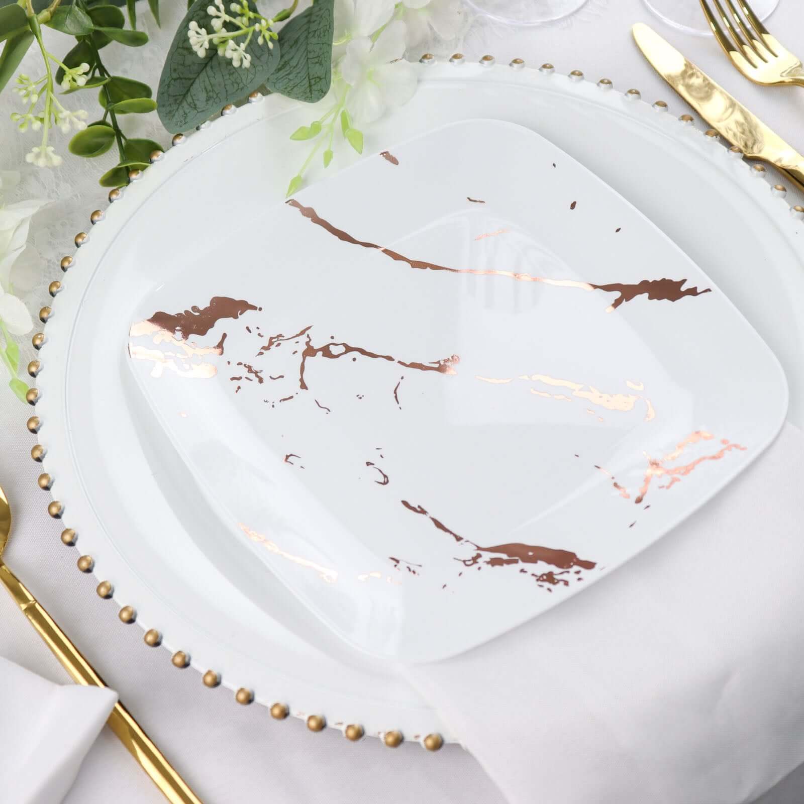 10-Pack Plastic 8" Square Dessert Plates in White with Rose Gold Marble Design - Disposable Appetizer Salad Party Plates