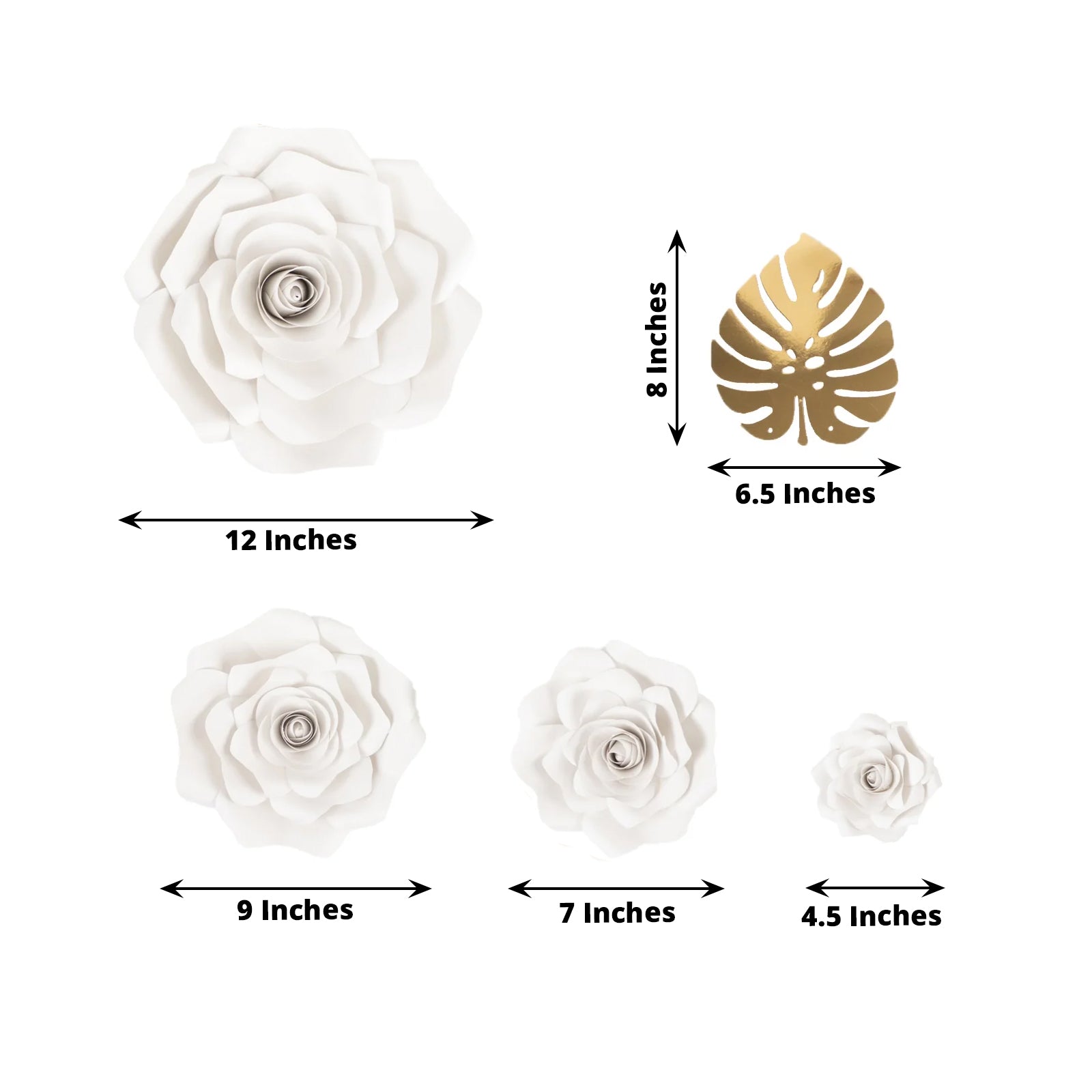 Set of 9 White 3D Rose Paper Flowers with Gold Tropical Palm Leaves, Party Flower Backdrop Hanging Wall Decor