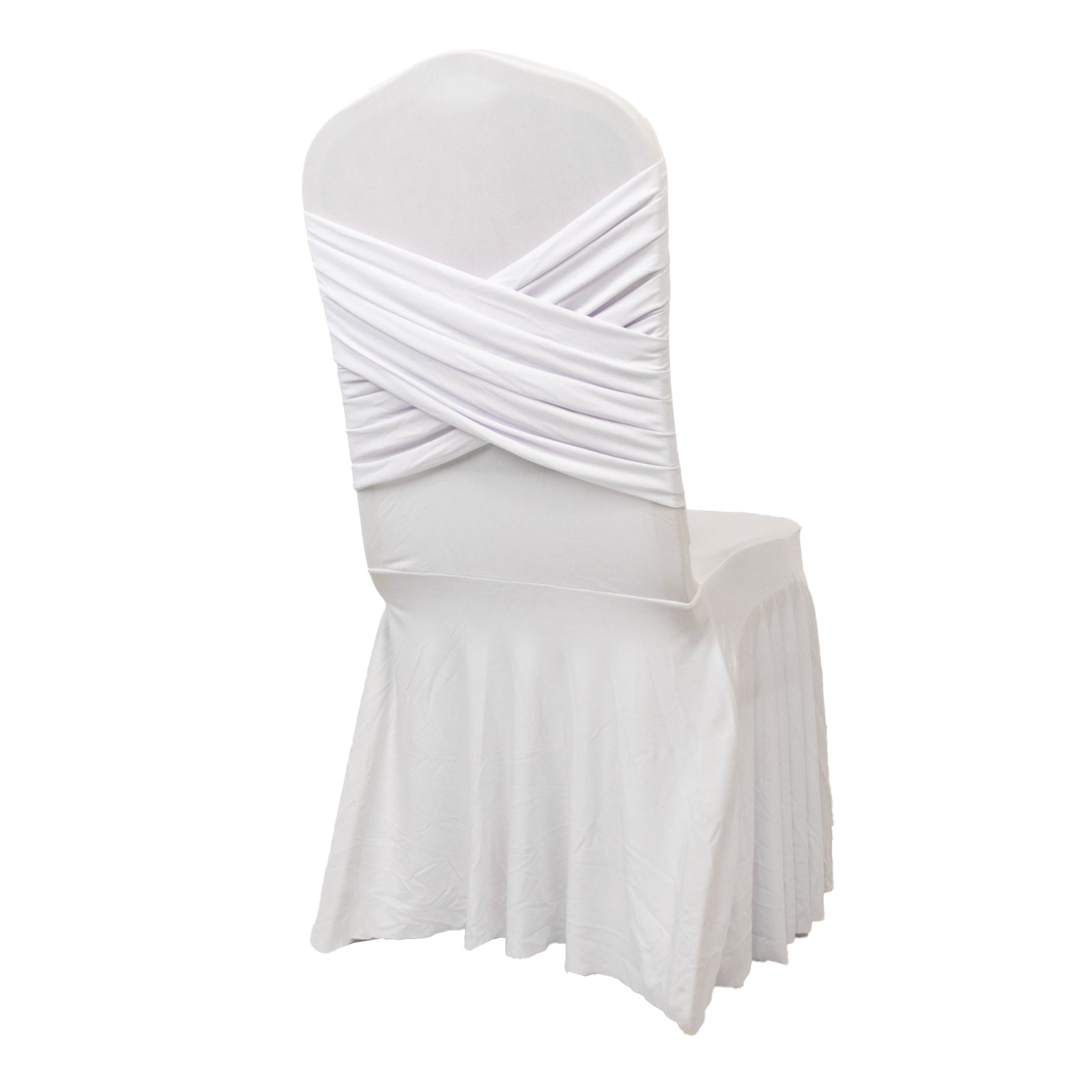 White Spandex Banquet Chair Cover with Ruffle Skirt & Cross Back Sash – Stretch Slipcover for Events
