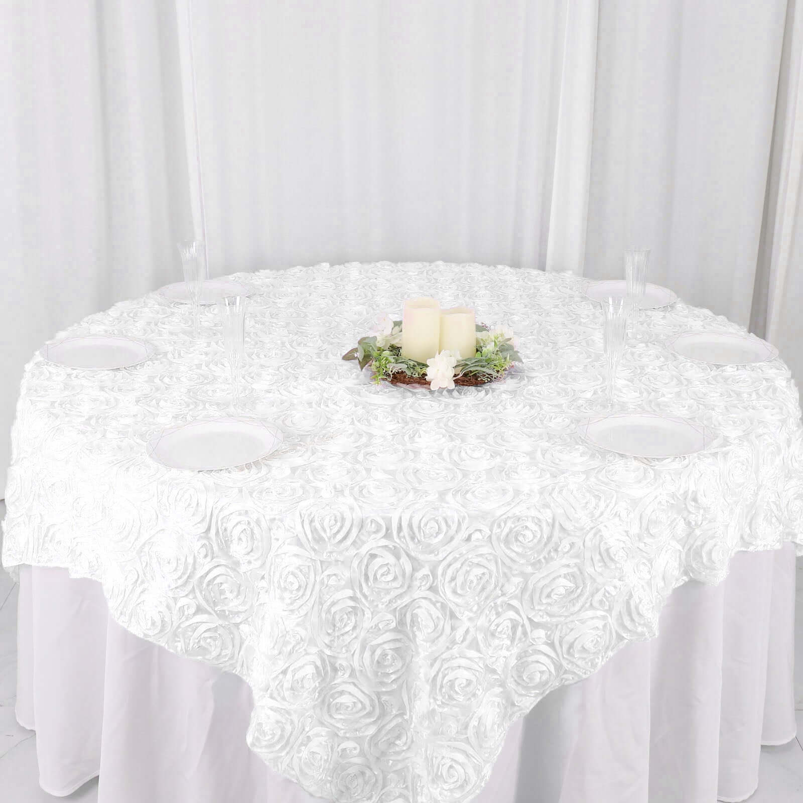 Satin 72"x72" Table Overlay Square Tablecloth White - 3D Rosette Design for Stylish Occasions
