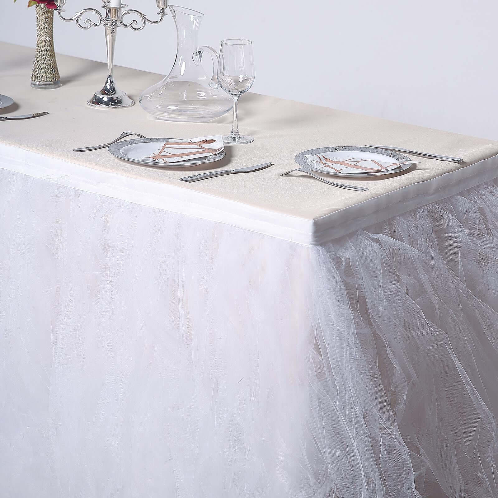 Tulle 14ft Table Skirt White - 4 Layer Pleated Tutu Chic & Soft Event Table Cover