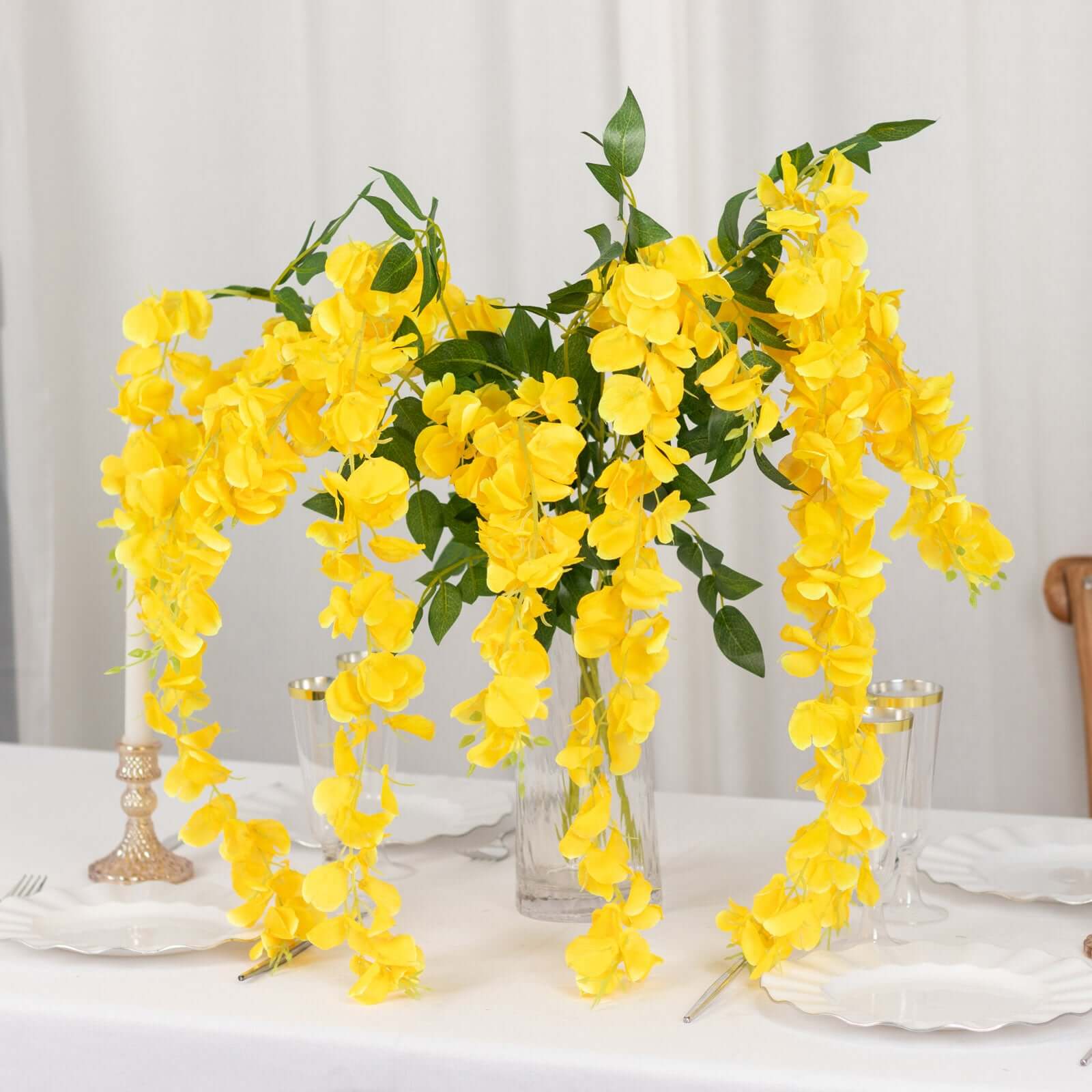 5 Pack 44" Silk Hanging Wisteria Flower Garland Vines in Yellow, 3 Strands in 1 Bush