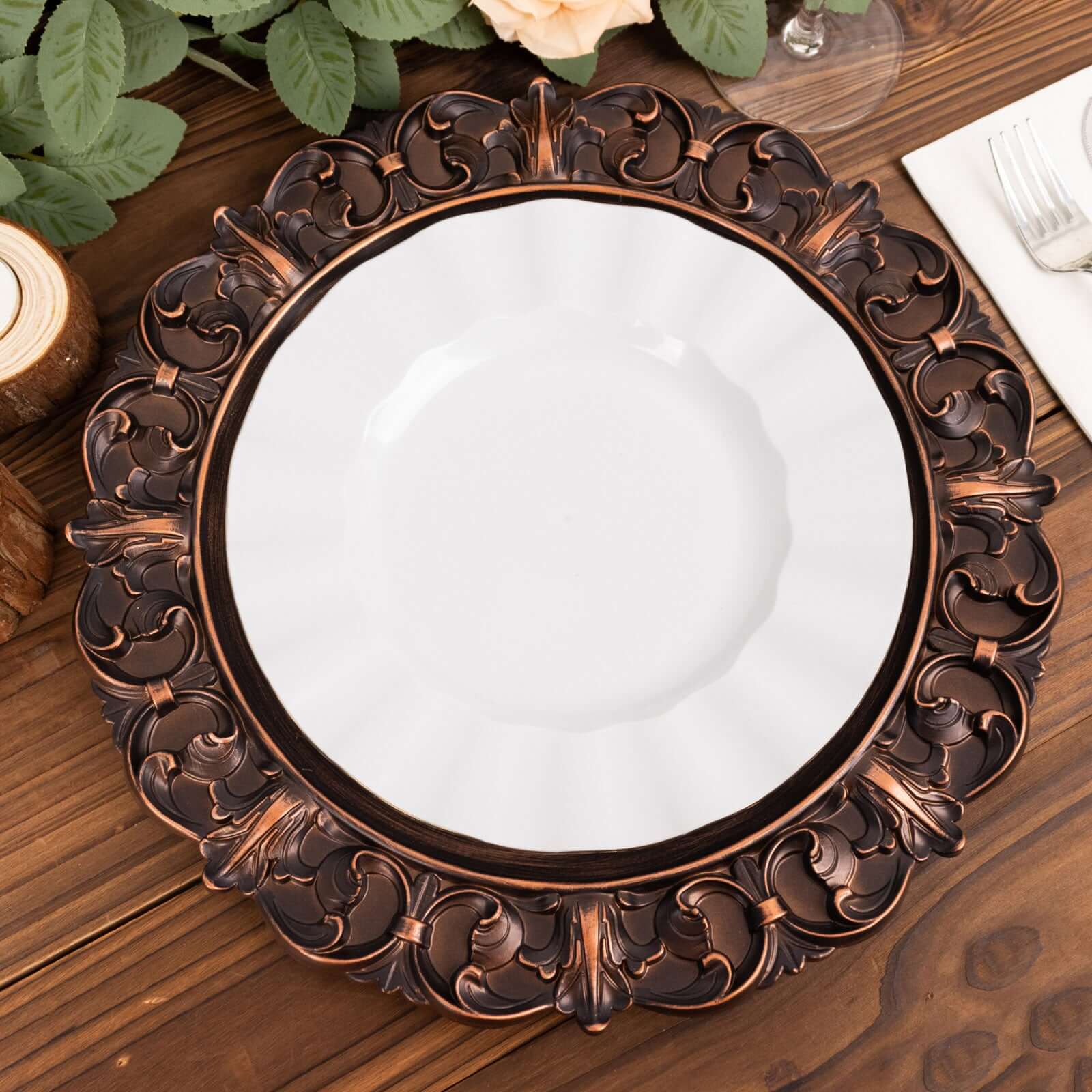 6-Pack Acrylic Round Charger Plates 13" in Dark Brown with Aristocrat Retro Baroque Rim, Ornate Plastic Decorative Chargers