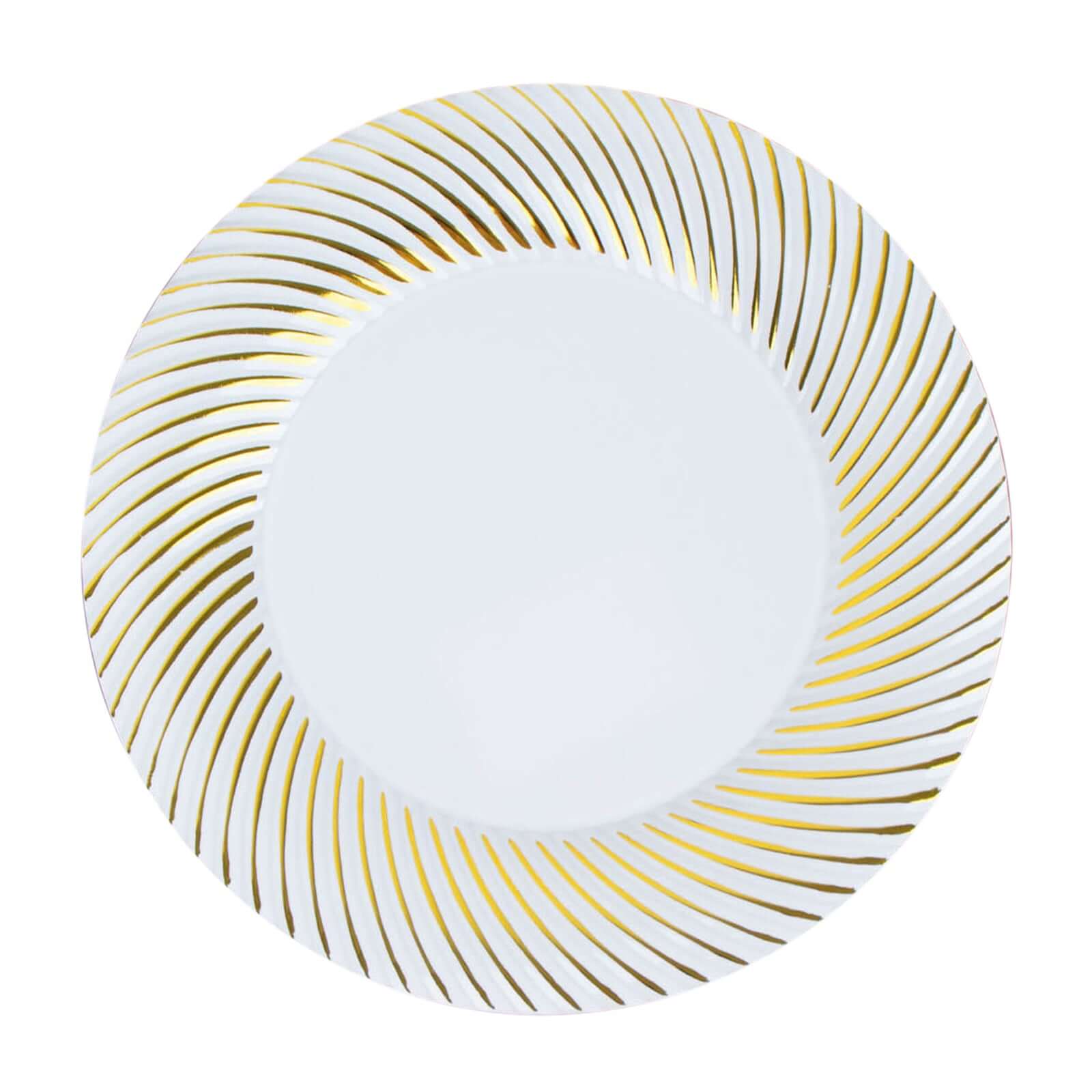 10-Pack Plastic 9" Round Dinner Plates White with Gold Swirl Rim - Disposable Party Plates