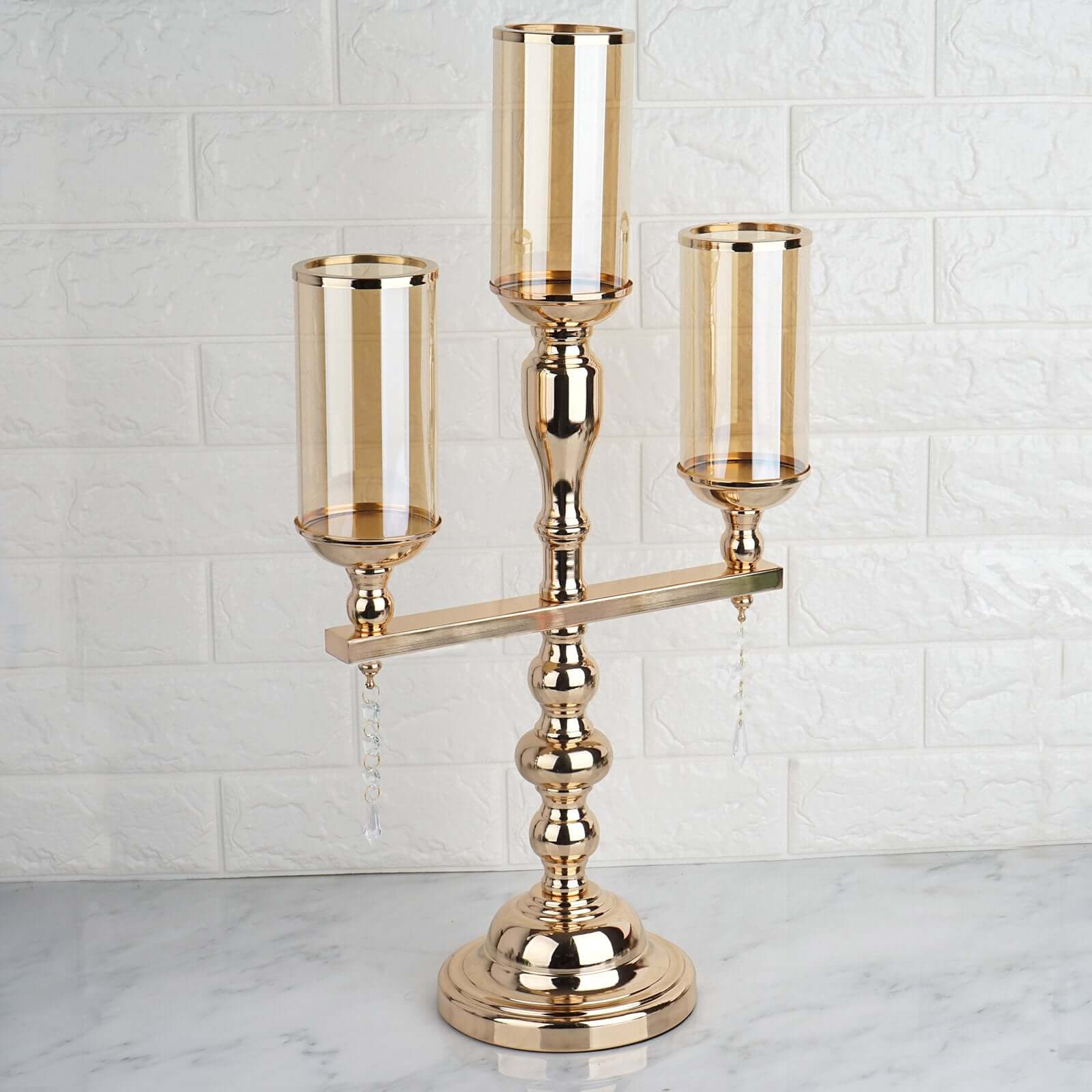 3-Arm Gold Candelabra Metal with Amber Glass Shades - Stylish Table Centerpiece for Gatherings
