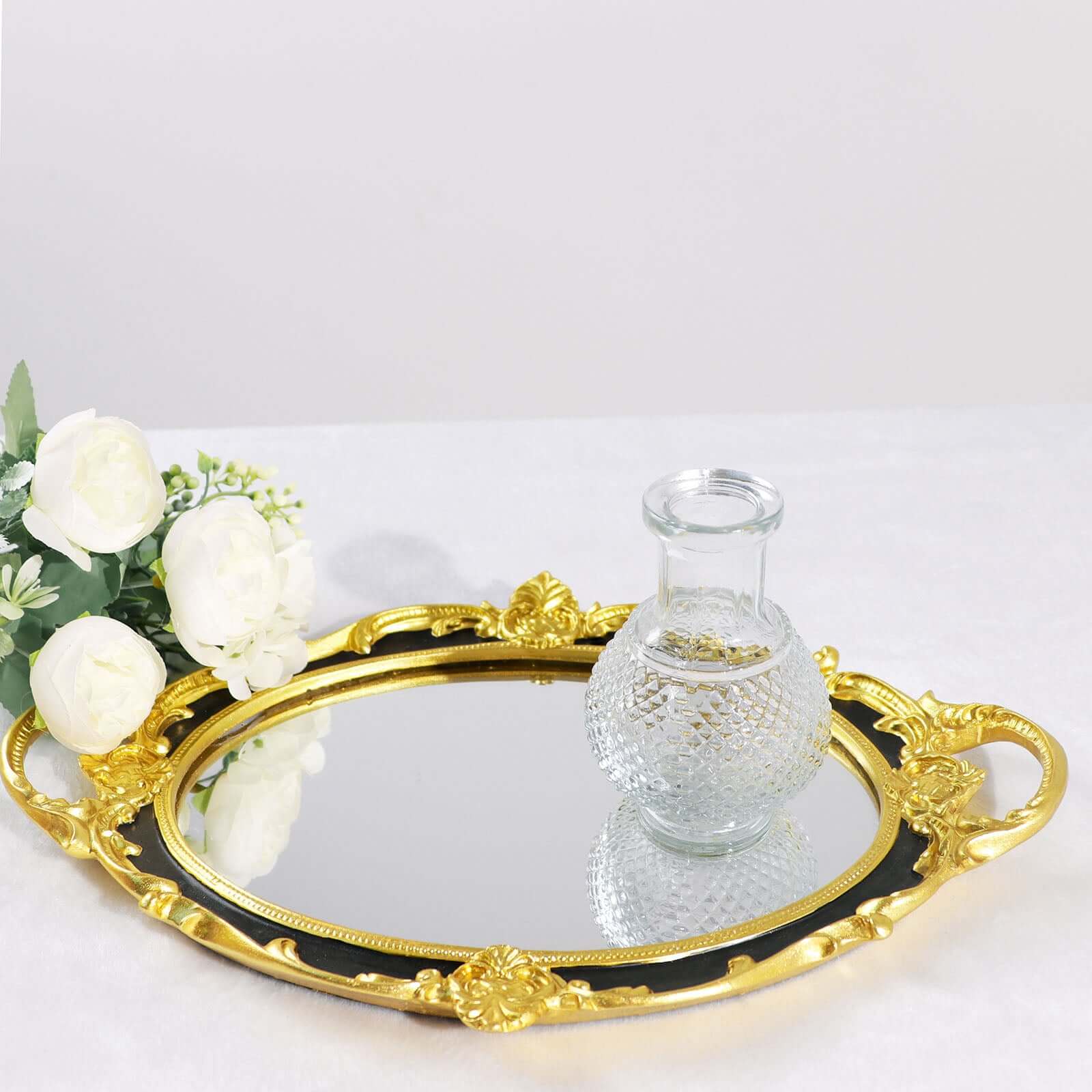 Resin Mirrored Vanity Oval Serving Tray 14"x10" in Black with Metallic Gold Baroque Design, Stylish Decorative Vanity Tray Centerpiece