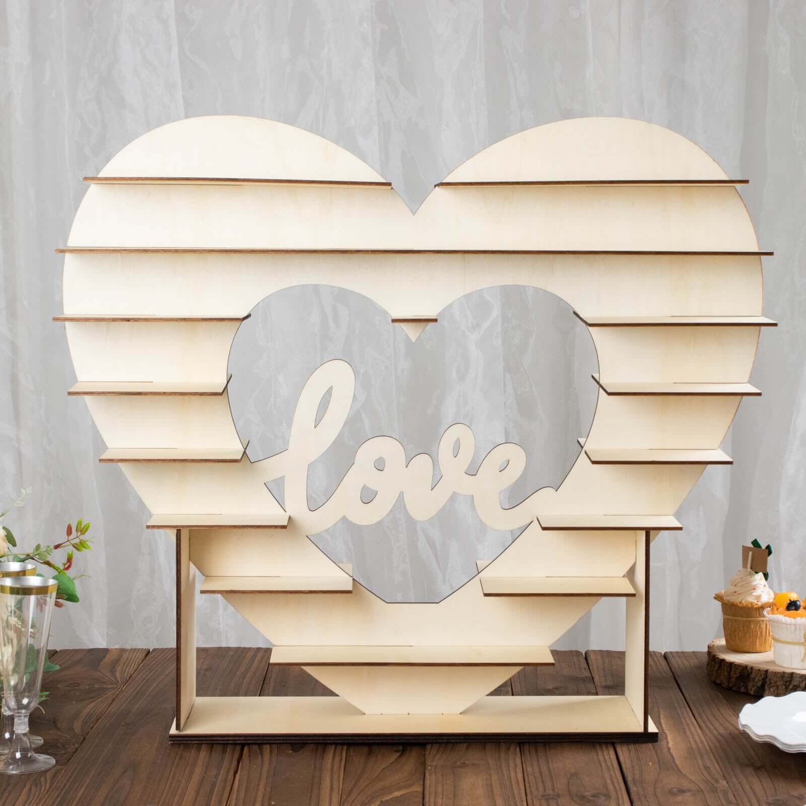 8-Layer Wooden Dessert Display Stand Heart Shaped Double Sided Design Natural - "Love" Cupcake Shelf Table Rack 26"
