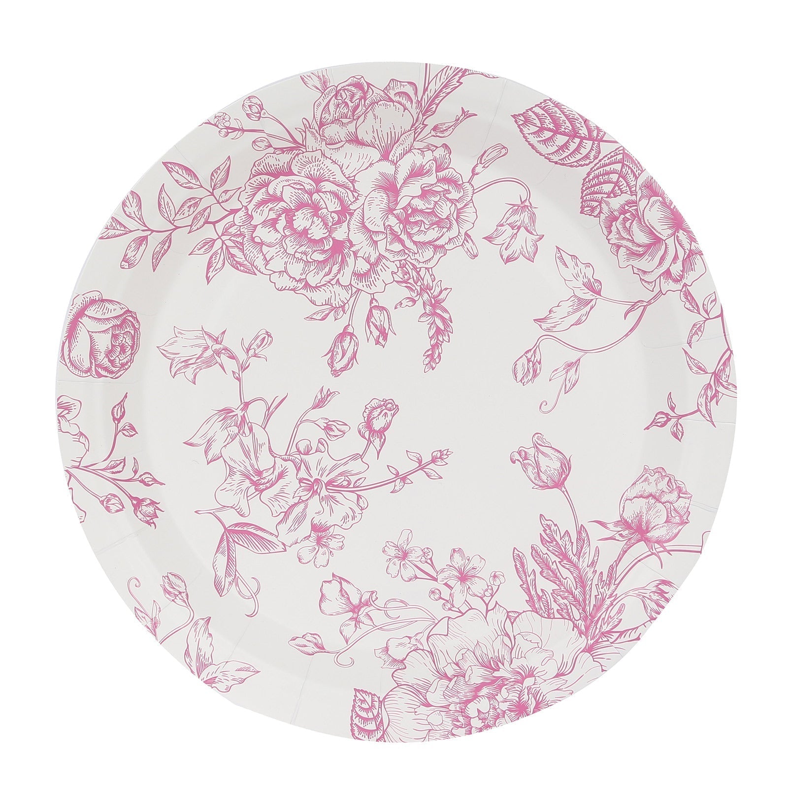 25-Pack Paper 9" Round Dinner Plates in White with Matte Pink French Toile Pattern - Disposable Floral Party Plates
