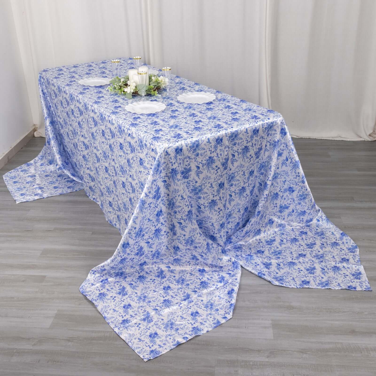 Satin Rectangular 90"x156" Tablecloth White/Blue French Toile Design - Seamless Stylish & Wrinkle-Resistant Table Cover