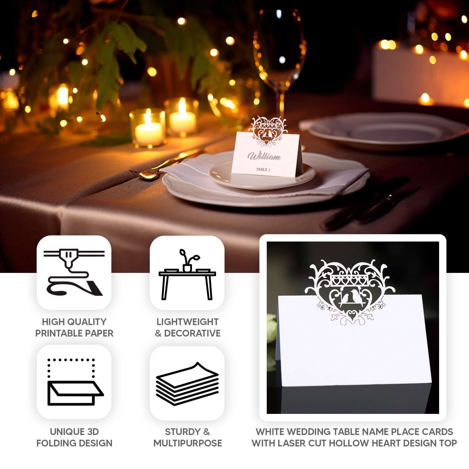 50-Pack Wedding Place Cards with Laser Cut Hollow Heart Design White - Printable Reservation Seating Tent Cards 210 GSM