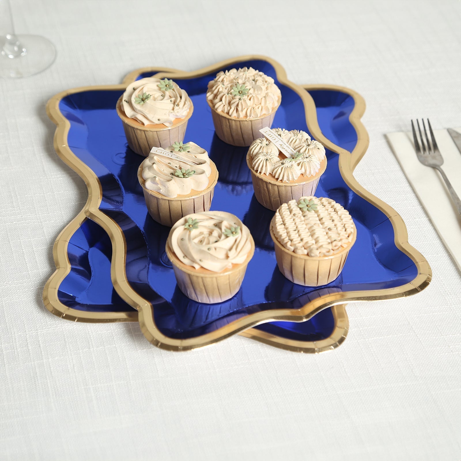 10-Pack Paper 14"x10" Rectangle Serving Trays Royal Blue - Heavy Duty Disposable 400GSM Cardboard Party Platters with Exquisite Gold Rim for Weddings & Parties