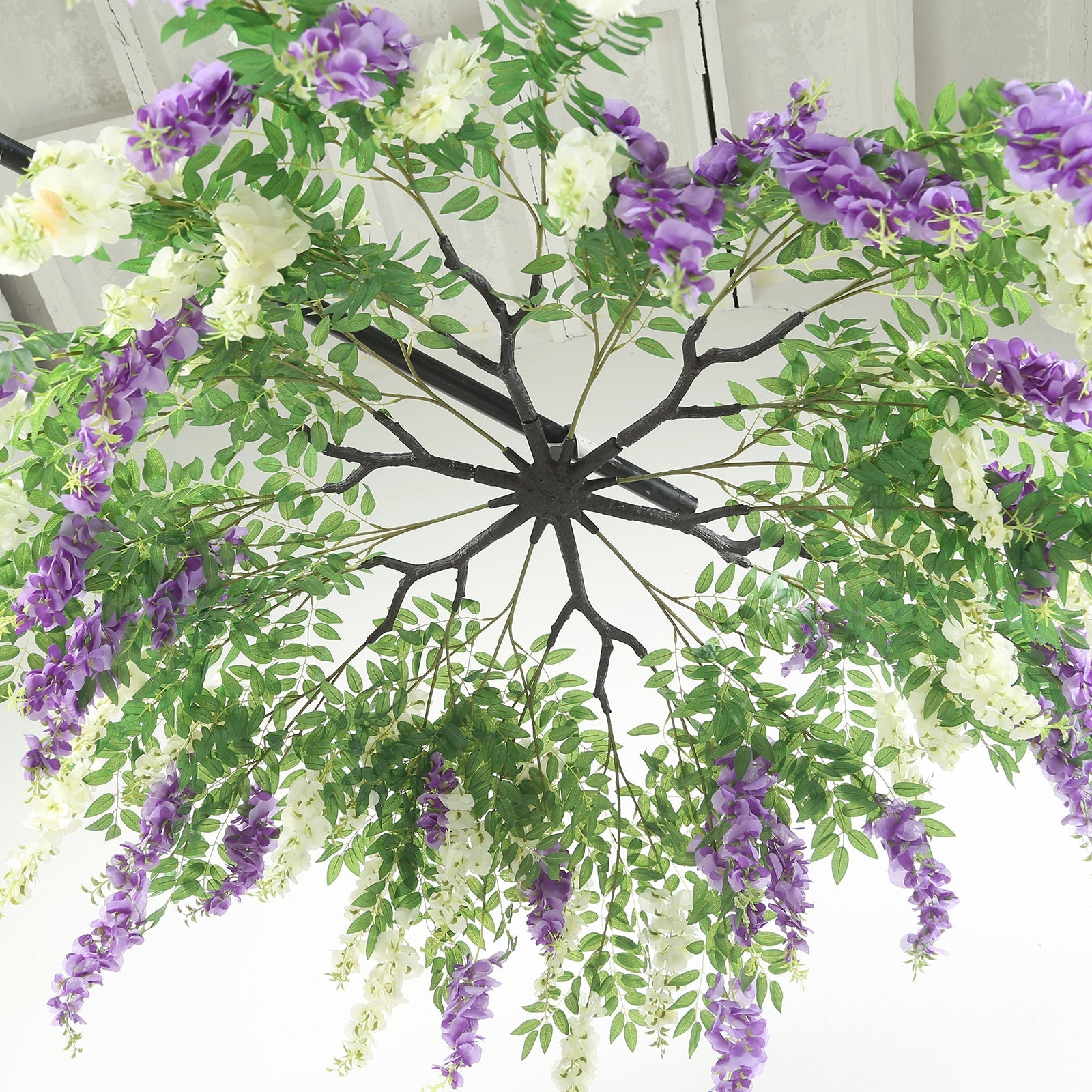 55" Cream Purple Artificial Silk Wisteria Vine Round Hanging Canopy, Draping Garland Flower Chandelier With Interchangeable Branches