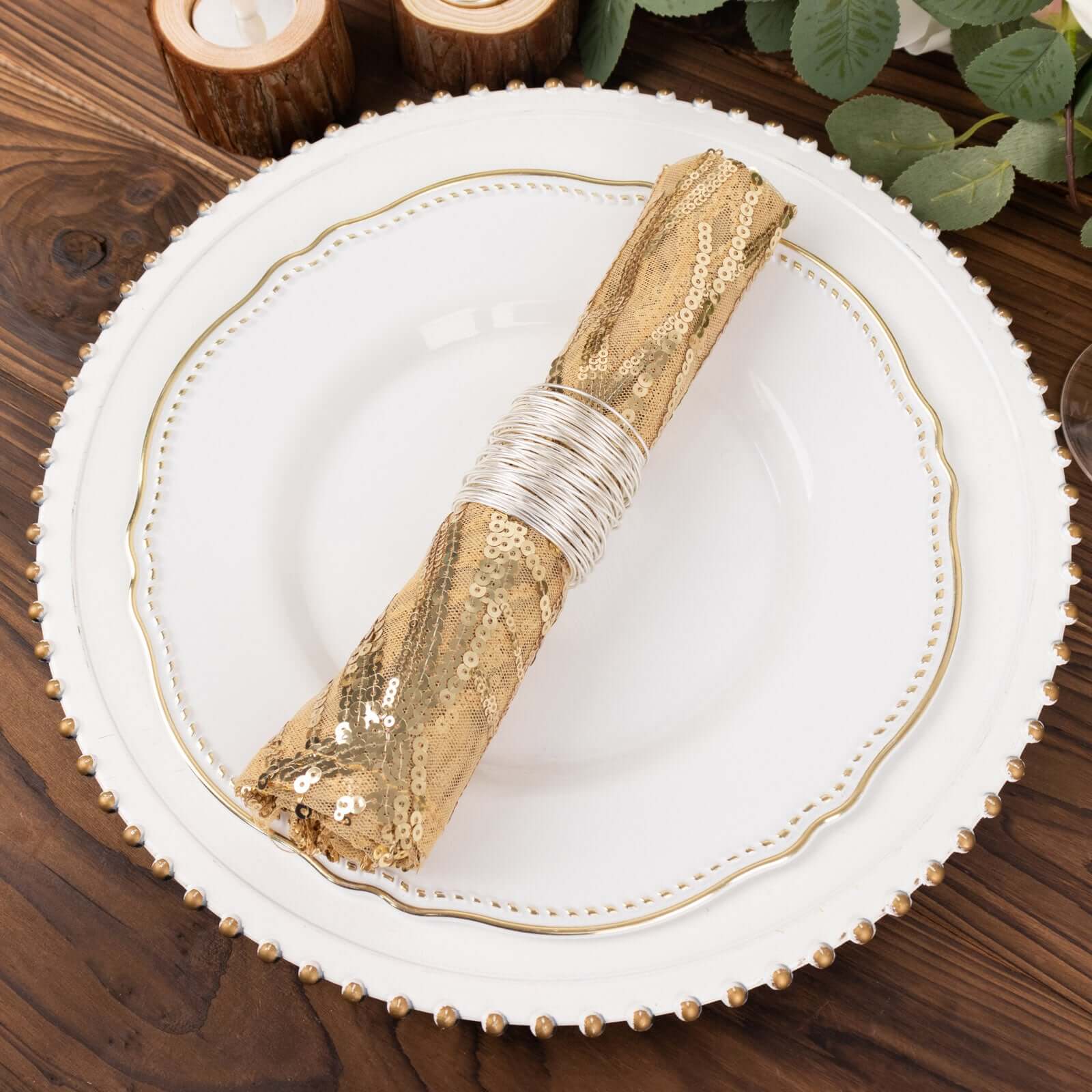 Sequin Mesh 20"x20" Napkin Champagne - Wave Embroidered Reusable Napkin