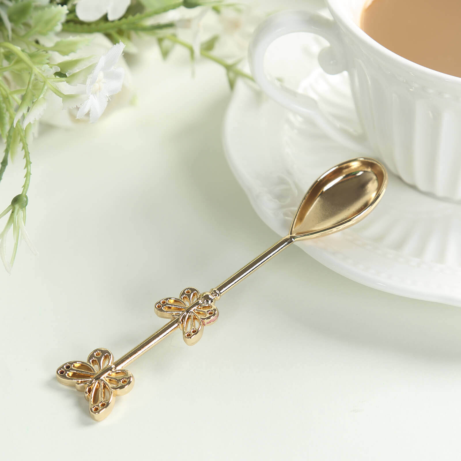 5 Pack Gold Metal Butterfly Handle Dessert Spoons in Clear Top Black Gift Box, Pre-Packed Mini Espresso Coffee Spoons Wedding Souvenir Gift with Thank You Tag and Ribbon - 4"