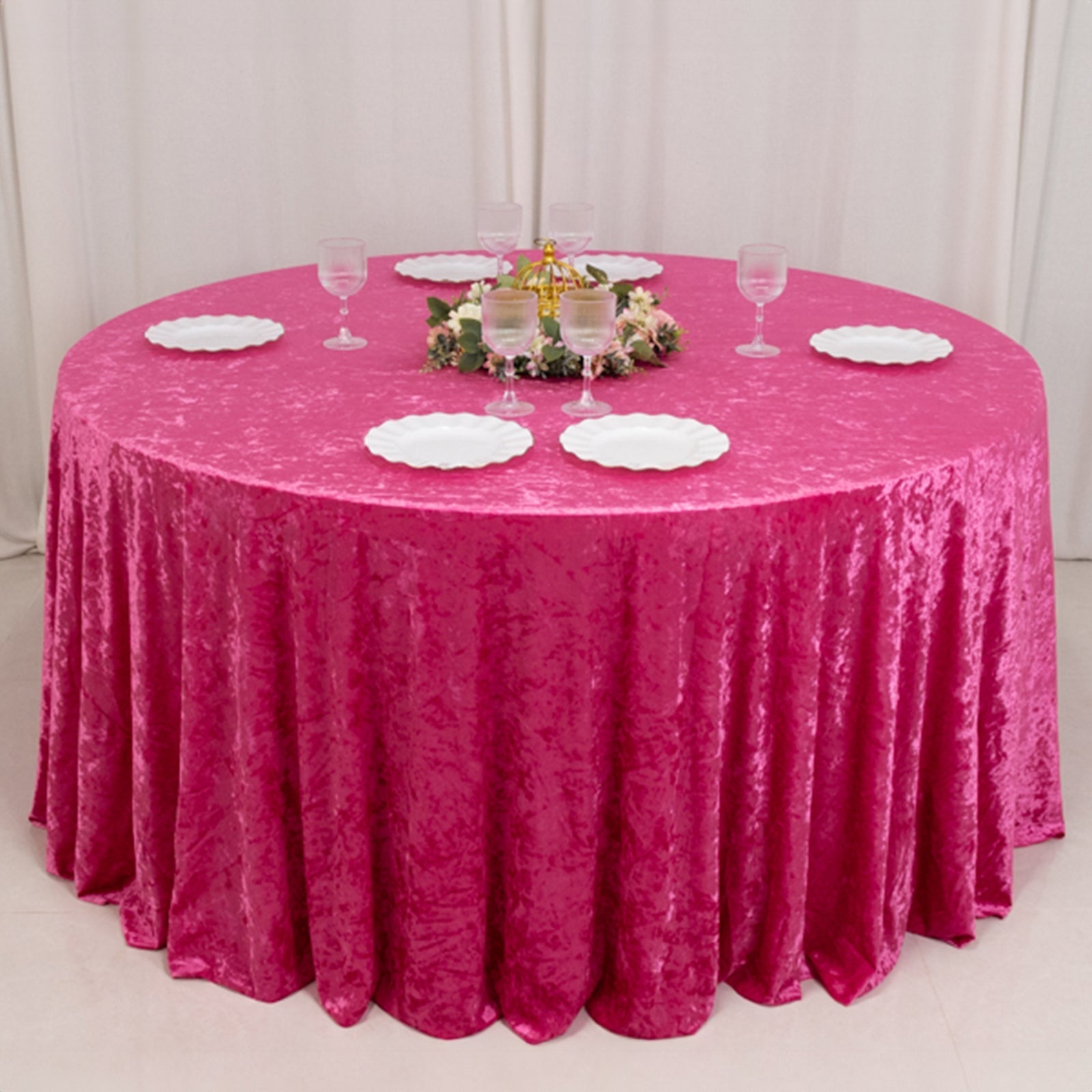 Premium Crushed Velvet 120" Round Tablecloth Fuchsia - Reusable Soft & Stylish Seamless Table Cover