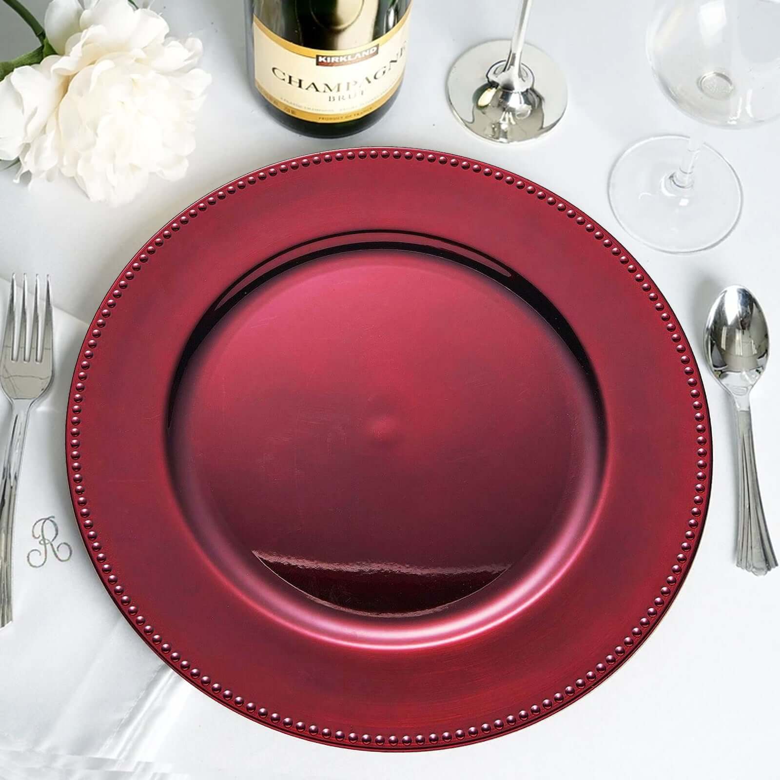 6-Pack Acrylic Round Charger Plates 13" in Burgundy with Beaded Rim, Dinner Charger Event Tabletop Decor