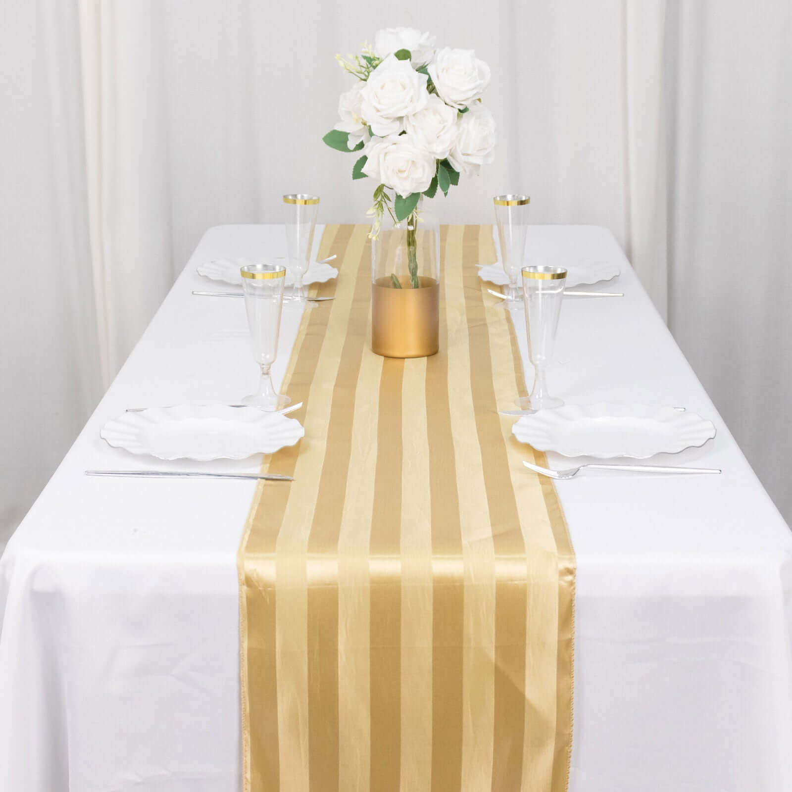 Satin 12"x108" Table Runner Champagne - Stripe Table Decor