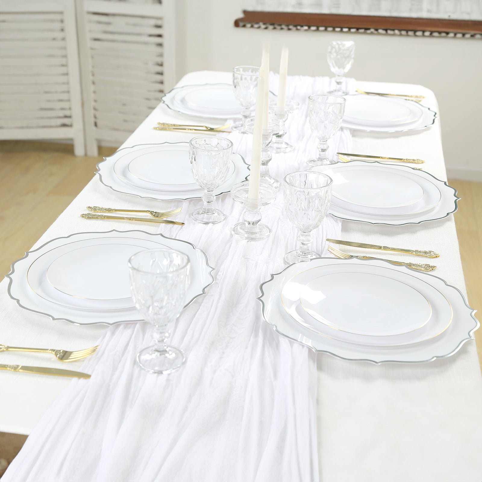 10-Pack Economy Plastic Round Charger Plates 13" in White with Silver Scalloped Rim, Decorative Dinner Party Serving Plates