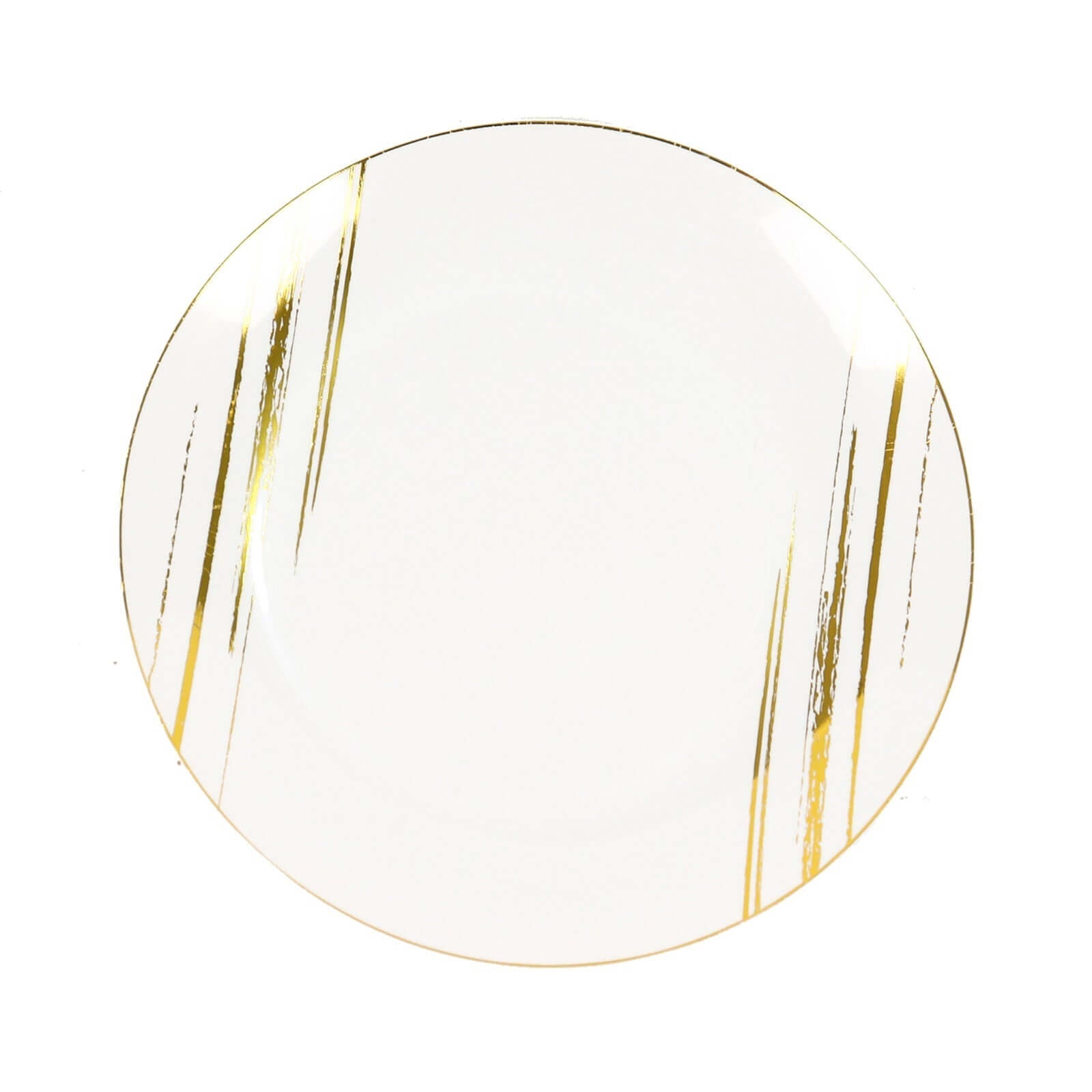 10-Pack Plastic 10" Round Dinner Plates in White with Gold Brush Stroked Print - Disposable Party Dinnerware for Modern Themed Events & Banquets