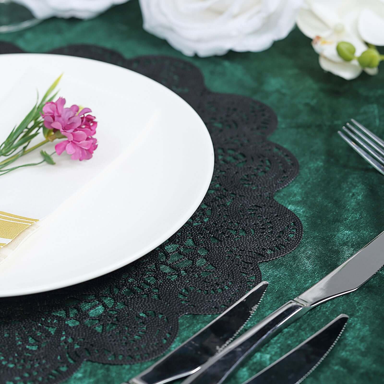 6-Pack Dining Table Mats Floral Lace Design Black - Vinyl Non-Slip Surface with Vintage Appeal 15"